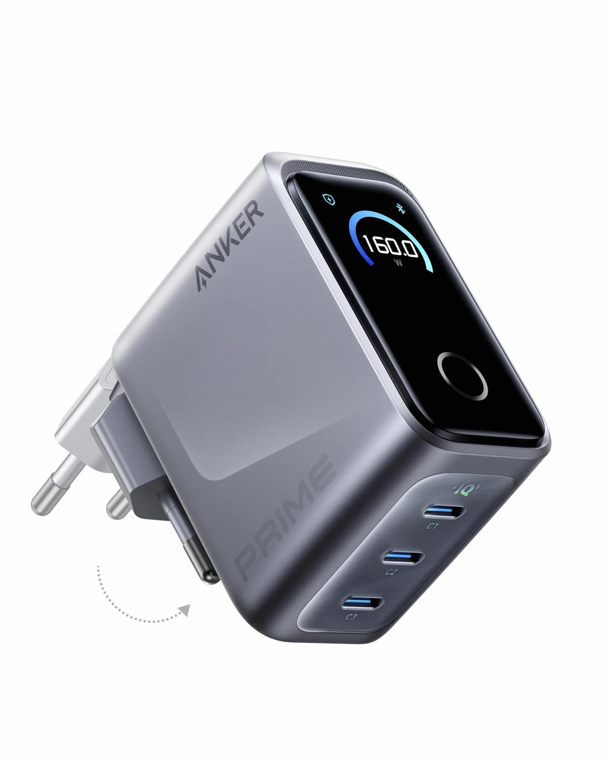 Anker Prime Caricatore USB C 160 W GaN a 3 Porte Display Smart Ricarica Rapida 140W per Laptop MacBook iPad iPhone