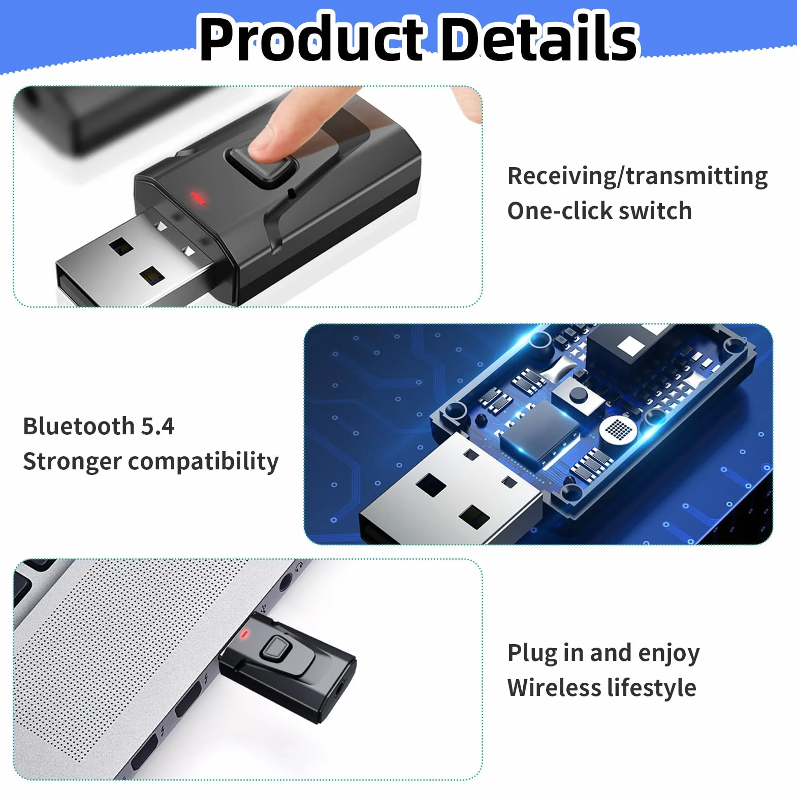 Adattatore Bluetooth USB 5.0 2 in 1 (trasmettitore e ricevitore), audio stereo wireless con jack da 3,5 mm per TV, PC, auto, altoparlanti, cuffie, vivavoce, senza latenza