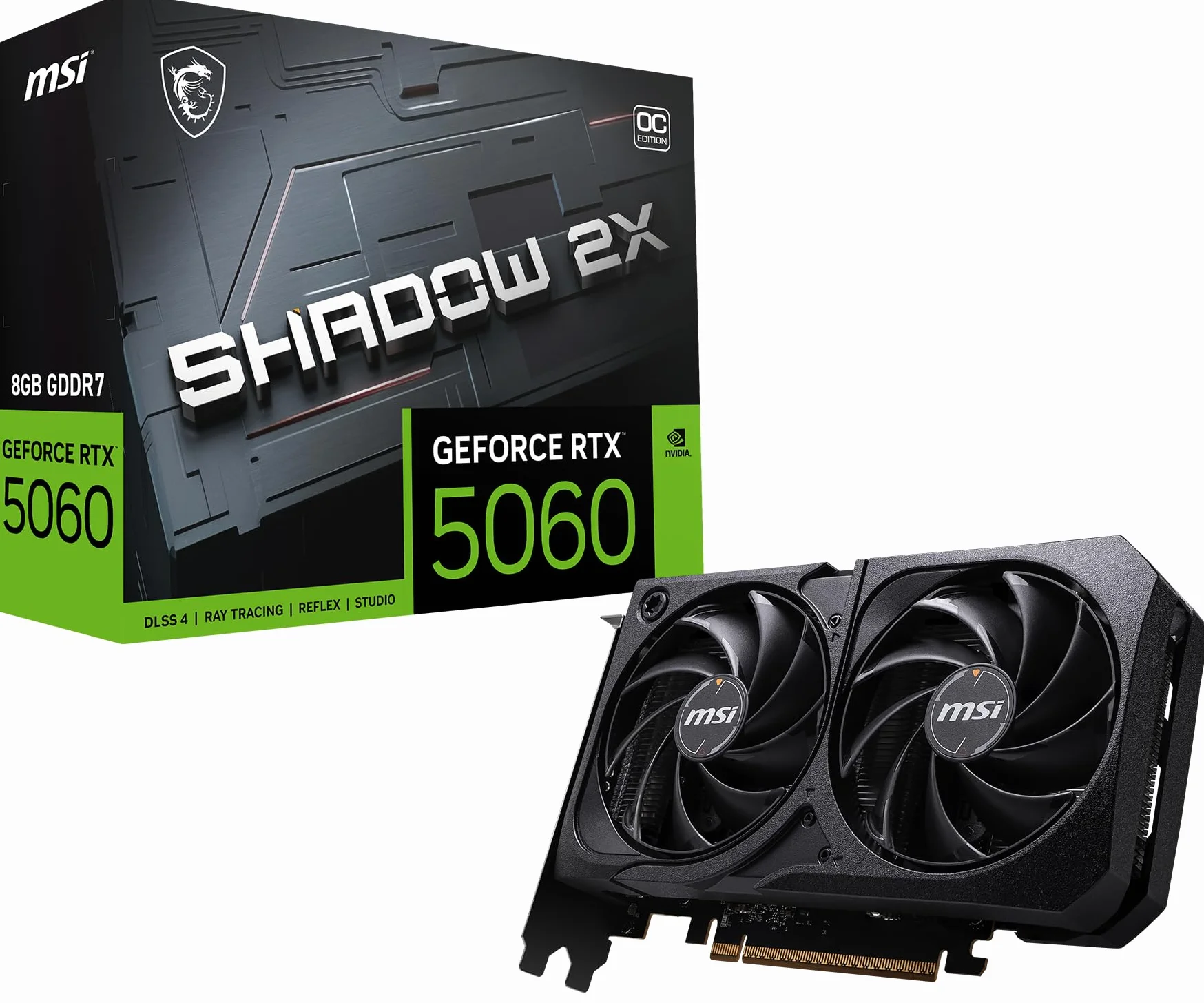 msi NVIDIA GeForce RTX 5060 8G Shadow 2X OC Carte Graphique Gaming GDDR7 128 Bits, Fréquence Boost jusqu'à 2535 MHz, PCIe Gen 5, DLSS 4, DP 2.1 x 3, HDMI 2.1 x 1, SFF Ready
