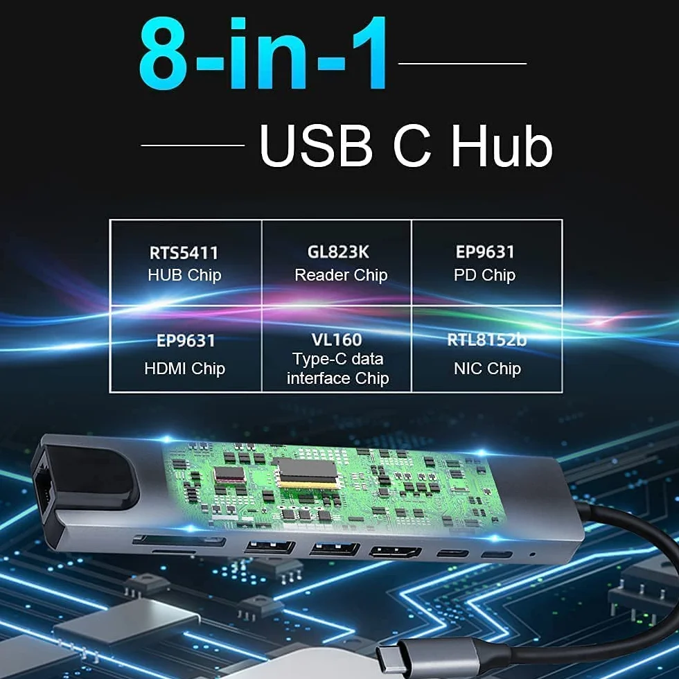Adattatore USB C Hub Ethernet, 8 in 1, adattatore USB-C con HDMI 4K 30Hz, LAN RJ45, 100 W PD, SD/Micro SD, USB 3.0/2.0, per MacBook Pro/Air M1, iPad Pro/Air, Surface Pro 8 Docking Station