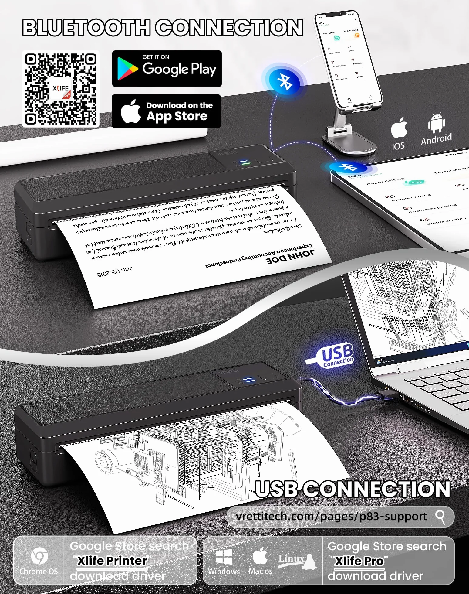 vretti Stampante Portatile A4 Compatibile con Phone/PC/USB, Bluetooth | Wireless Stampante Termica Stampa Contratti/Ricevute/Documenti,Nero