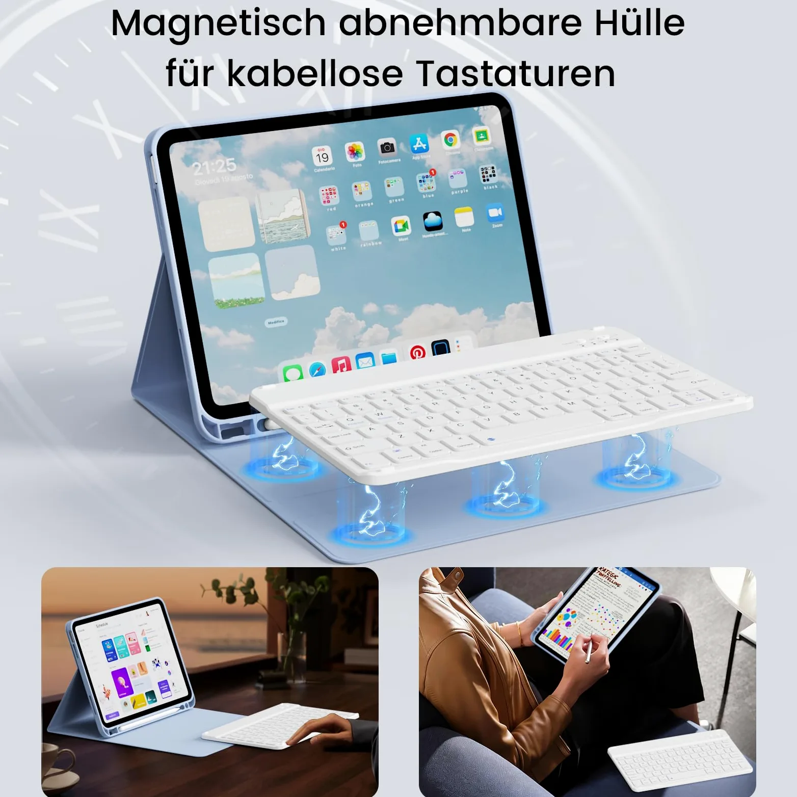 Custodia con Tastiera per iPad Air 11 Pollici 2025 2024 (M3/M2), iPad Air 5 4 2022/2020 10,9 Pollici, Cover Morbida TPU con Supporto per Penna, Tastiera Folio Magnetica Rimovibile, Blu Chiaro