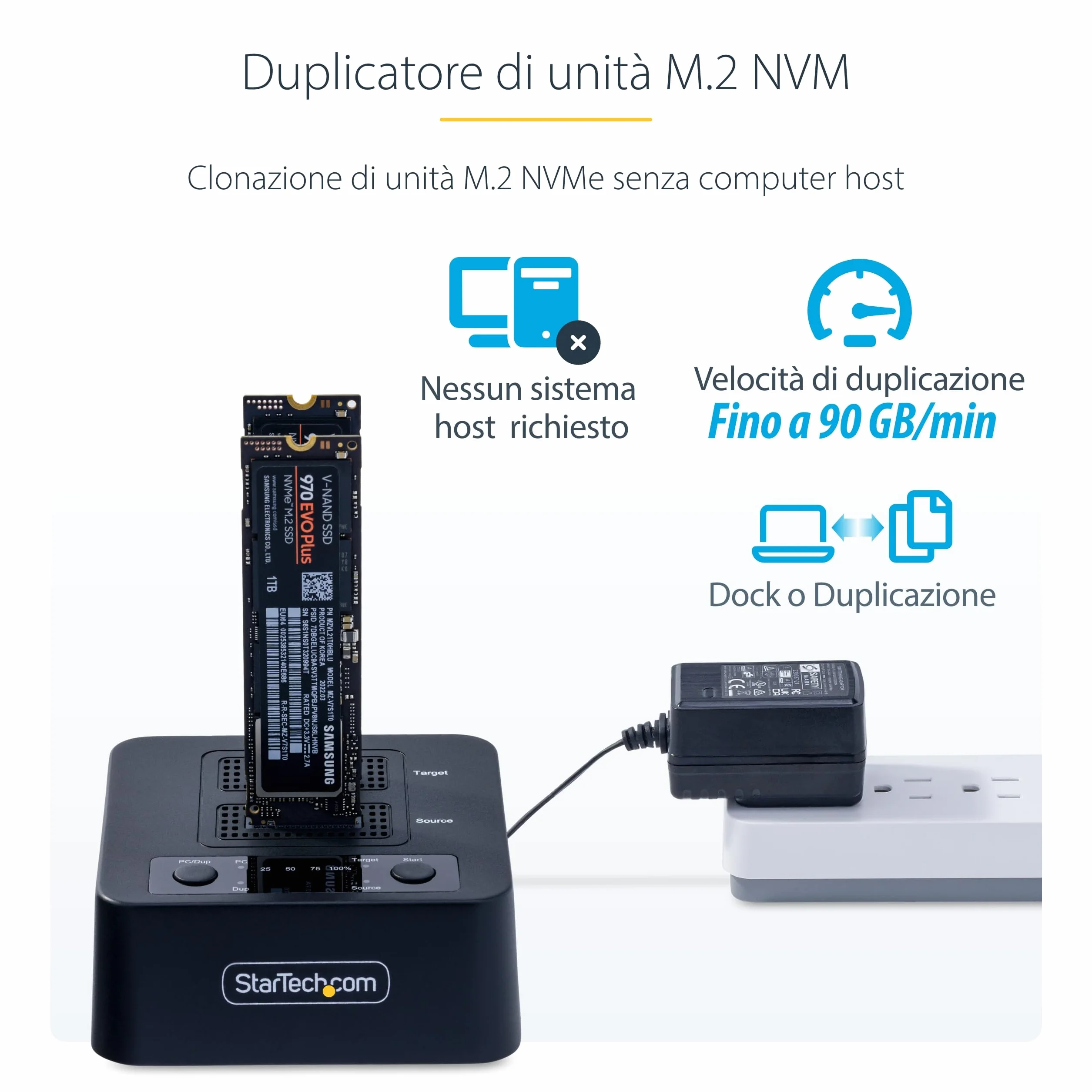 StarTech.com Duplicatore di unità M.2 NVMe 1:1 autonomo da 90 GBpm, docking station per 2 drive M.2, USB-C 3.2 20 Gbps