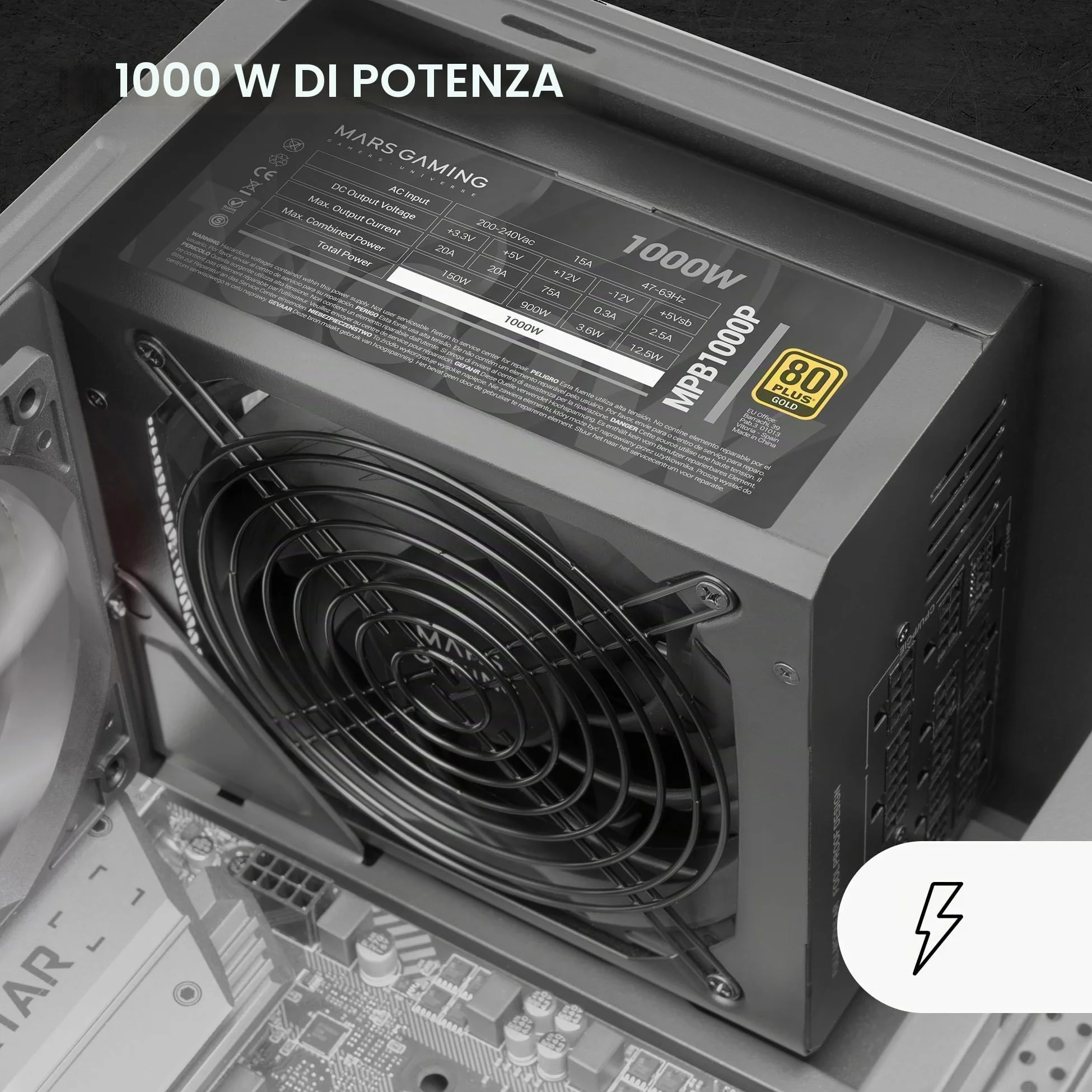 Mars Gaming MPB1000P, Alimentatore Modulare ATX 3.1 1000W, 10 Anni di Garanzia, 80Plus Gold, Ventola 140mm AI-RPM, Condensatori Giapponesi, Supporto PCIe 5.1 e APFC, Tecnologia DC-DC e SMD, Nero