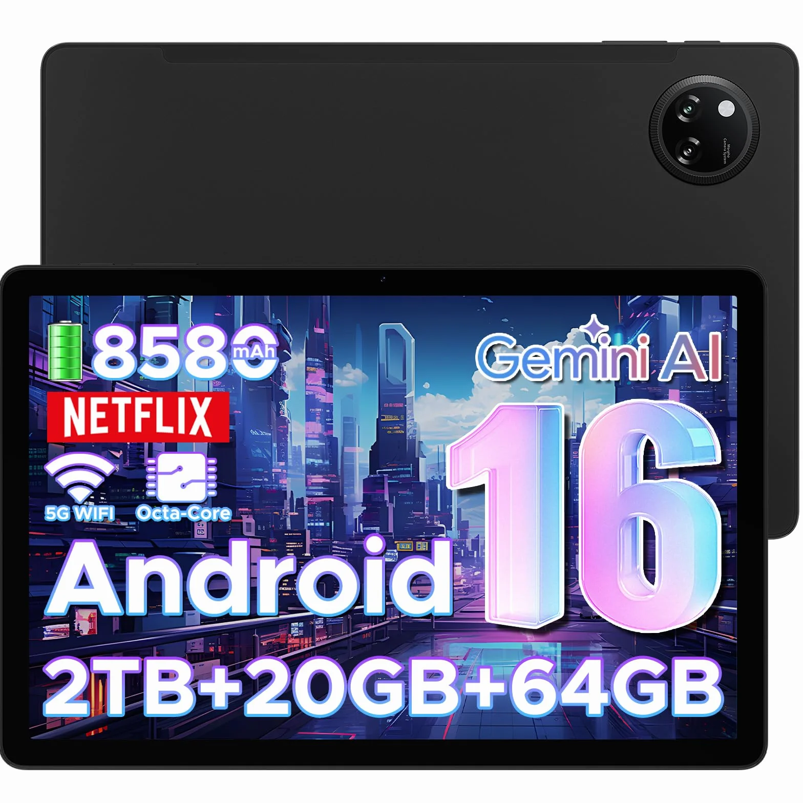 Tab A9+ Android 16 Tablet 11 Pollici, Unisoc T7200 Octa Core, 8580mAh, 90Hz-1080P, 20GBRAM+64GB/2TB TF, 13MP+5MP, Tablet Gaming, Gemini AI, WiFi 5/OTG/Face ID/Widevine L1/GPS/Doppio Altoparlante-Nero