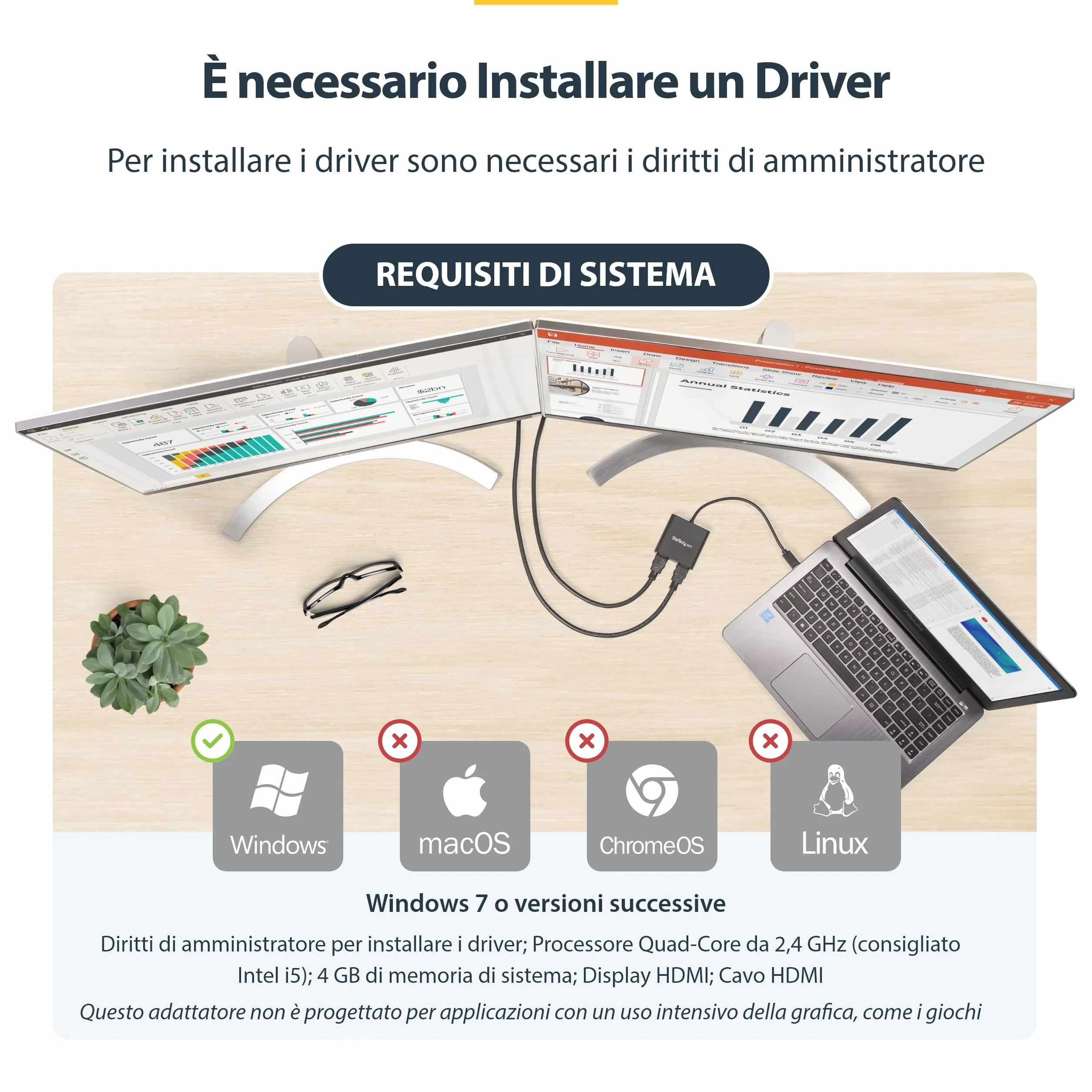 StarTech Adattatore USB-A 3.0 a Dual HDMI per Windows, Convertitore USB a 2x HDMI, 4K 30Hz + 1080p 60Hz, Estensione o Mirroring schermo doppio