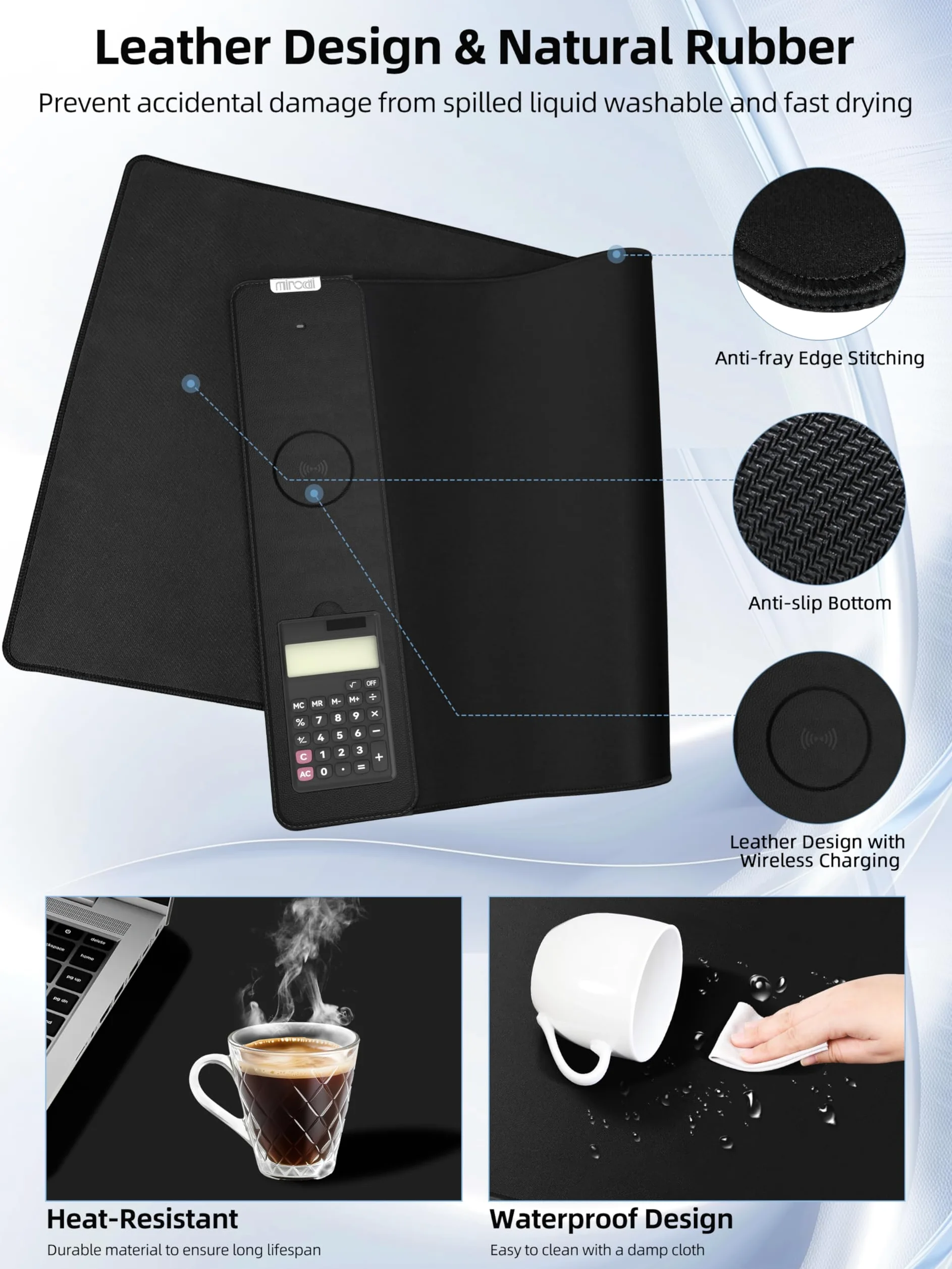 Tappetino per mouse 80 x 40 cm con calcolatrice, tappetino da scrivania magnetico con ricarica wireless da 15 W, tappetino da scrivania XXL per casa e ufficio, grande tappetino per tastiera con
