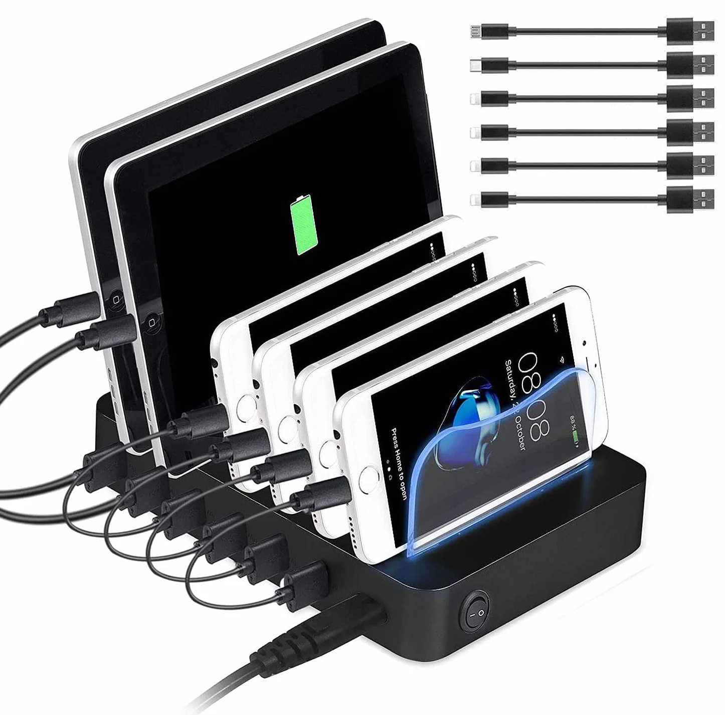 Stazione di Ricarica USB 6 Porte 50W/10A Organizer per Cellulare Tablet Auricolari Gadget USB Nero