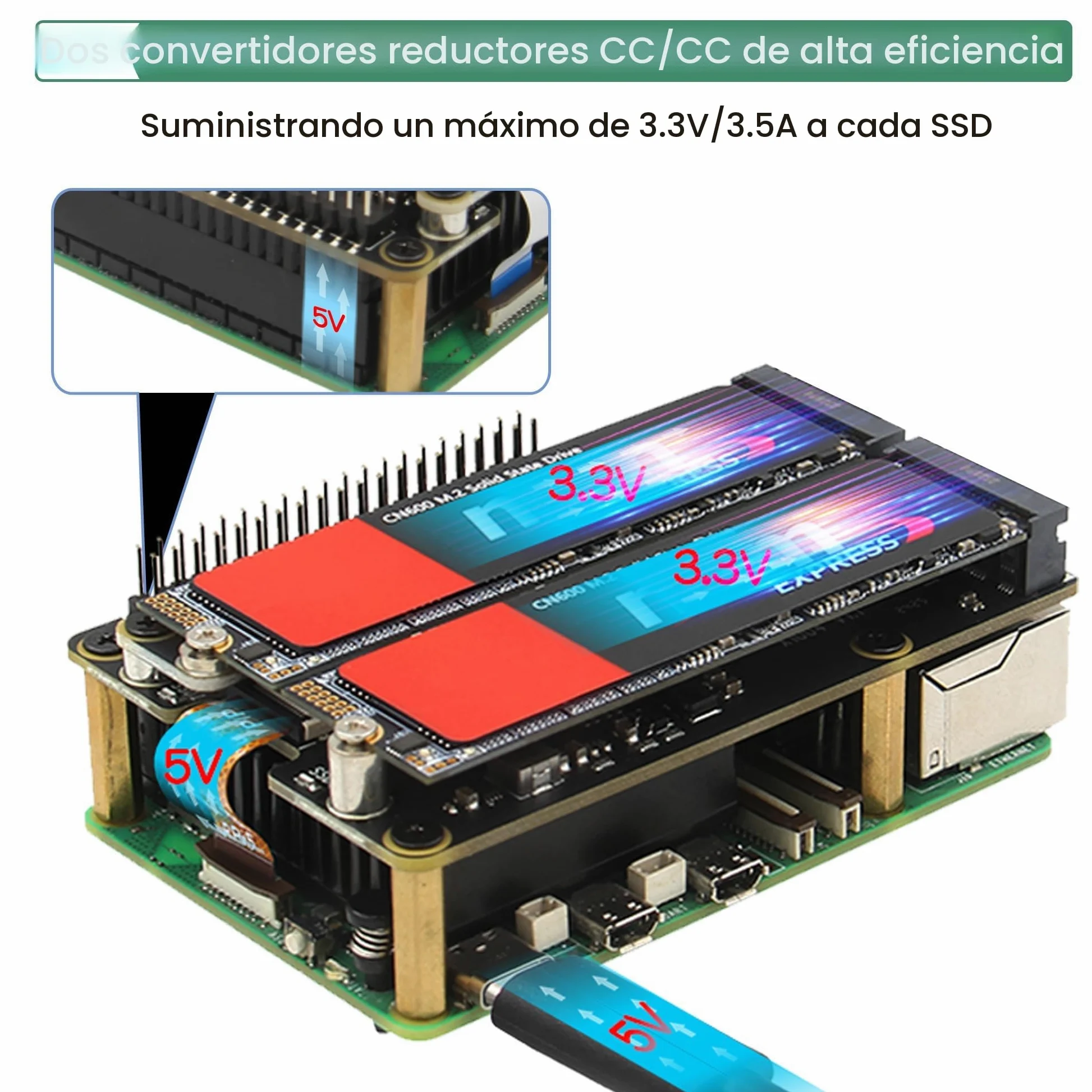 Geekworm X1004 PCIe to Dual M2 NVMe SSD 2280 Shield with Case & Power Adapter for Raspberry Pi 5
