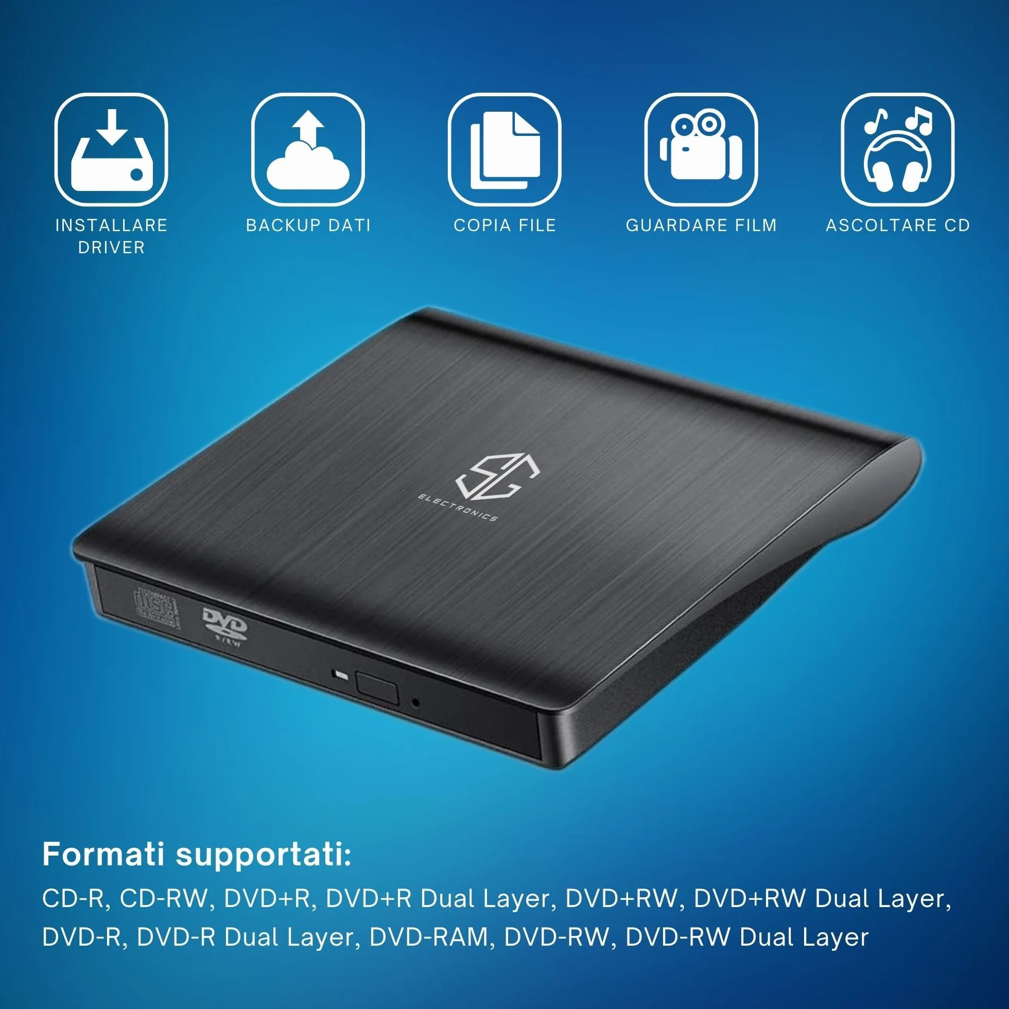 SG, Lettore CD DVD Esterno Portatile, Masterizzatore DVD Esterno, Lettore CD Esterno per Pc Portatile e Desktop Tower, Disco Esterno Ultra Slim USB 3.0, compatibile con Windows, Linux e Mac OS