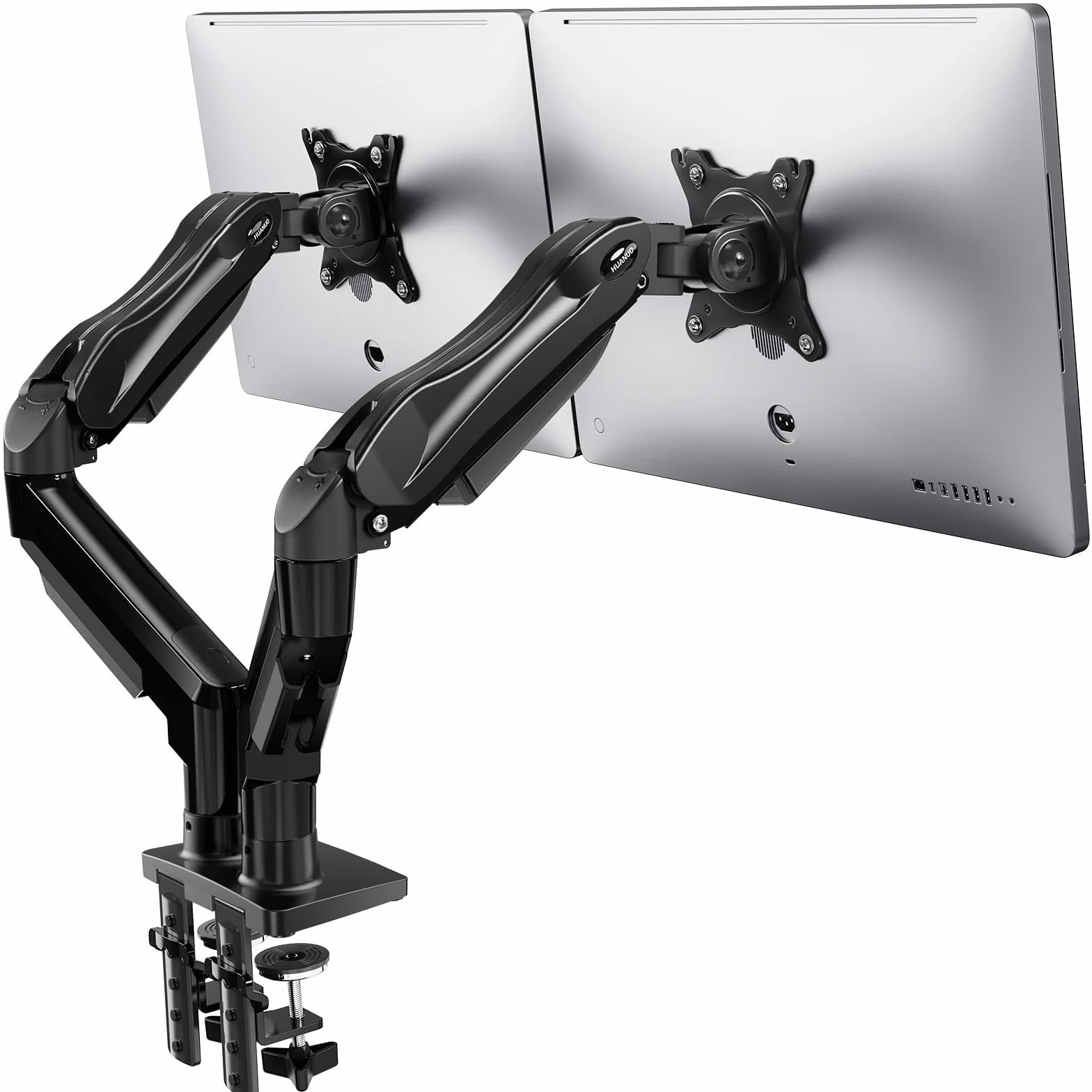HUANUO Supporto Monitor Scrivania Doppio, Braccio Monitor Scrivania per Schermi da 13–32 Pollici, Supporto a Due Bracci per Monitor Curvi e Piatti, Attacco VESA 75x75 e 100x100 mm, Carico Massimo 9 kg