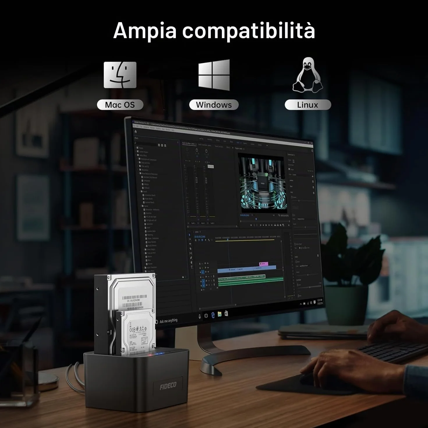 FIDECO HDD Docking Station, USB3.0 - Docking station per disco rigido da 2,5 e 3,5 pollici SATA HDD/SSD, doppio alloggiamento, supporto clone offline