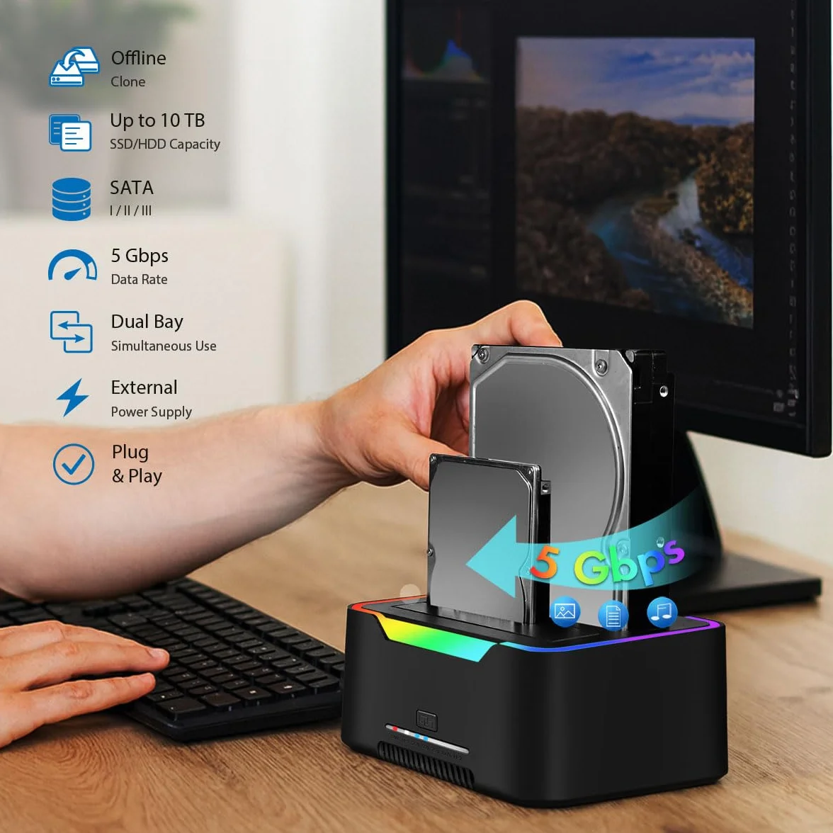 LogiLink Doppia docking station USB-C 3.2 Gen1 a 2 porte, per dischi rigidi da 2,5" e 3,5", SSD/HDD, con clone offline (senza clonare i dischi rigidi PC), 5 Gbps di trasferimento dati