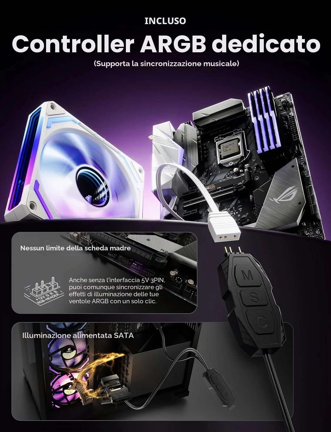 AsiaHorse COSMIQ - Ventola per PC RGB da 120 mm, 3 pezzi, ARGB Daisy Chain PC Ventola [Infinity Mirror] [FDB] 2000 RPM/68,5 CFM/24 LEDS 4 pin PWN & 5V 3Pin ARGB con controller. Bianco