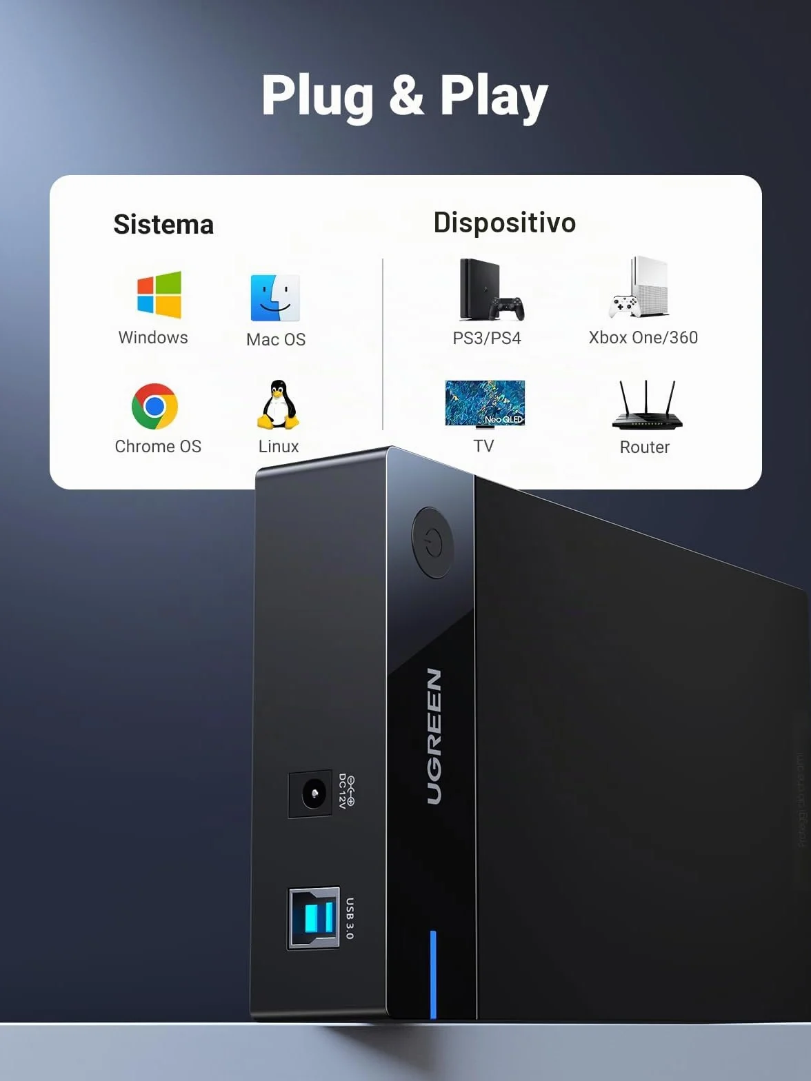 UGREEN Case Esterno Hard Disk 3.5" 20TB, Enclosure Estgerno USB 3.0 con UASP 5Gbps per HDD SSD SATA I II III con Alimentatore Compatibile with WD Toshiba Seagate