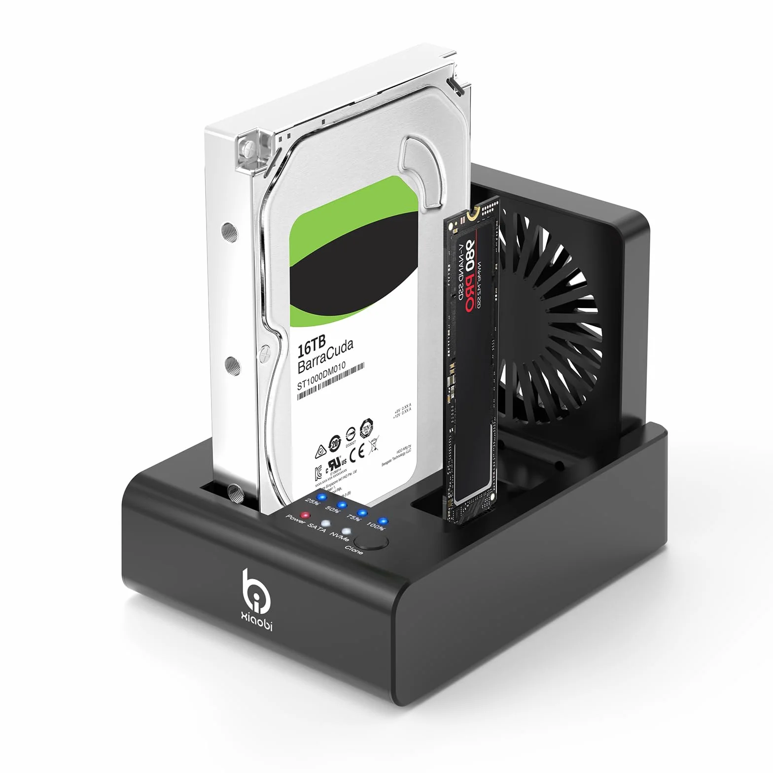 M.2 NVMe & SATA HDD Docking Station, 10Gbps USB3.2 Gen2 SSD Cloner per M.2 NVMe SSD + SATA 2.5"/3.5" HDD Converter, Offline Cloning, Tool-Free, Ventola di raffreddamento