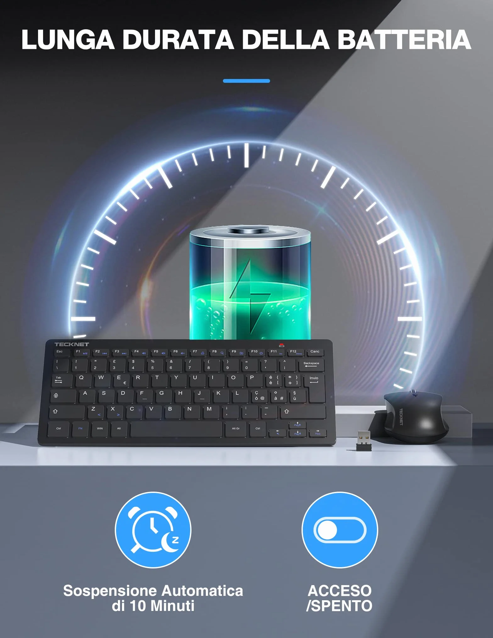 TECKNET Set Tastiera e Mouse Wireless, 2.4G Silenzioso con Ricevitore Nano USB, 12 Scorciatoie Multimediali per Computer, PC, Laptop, Desktop, Smart TV Android