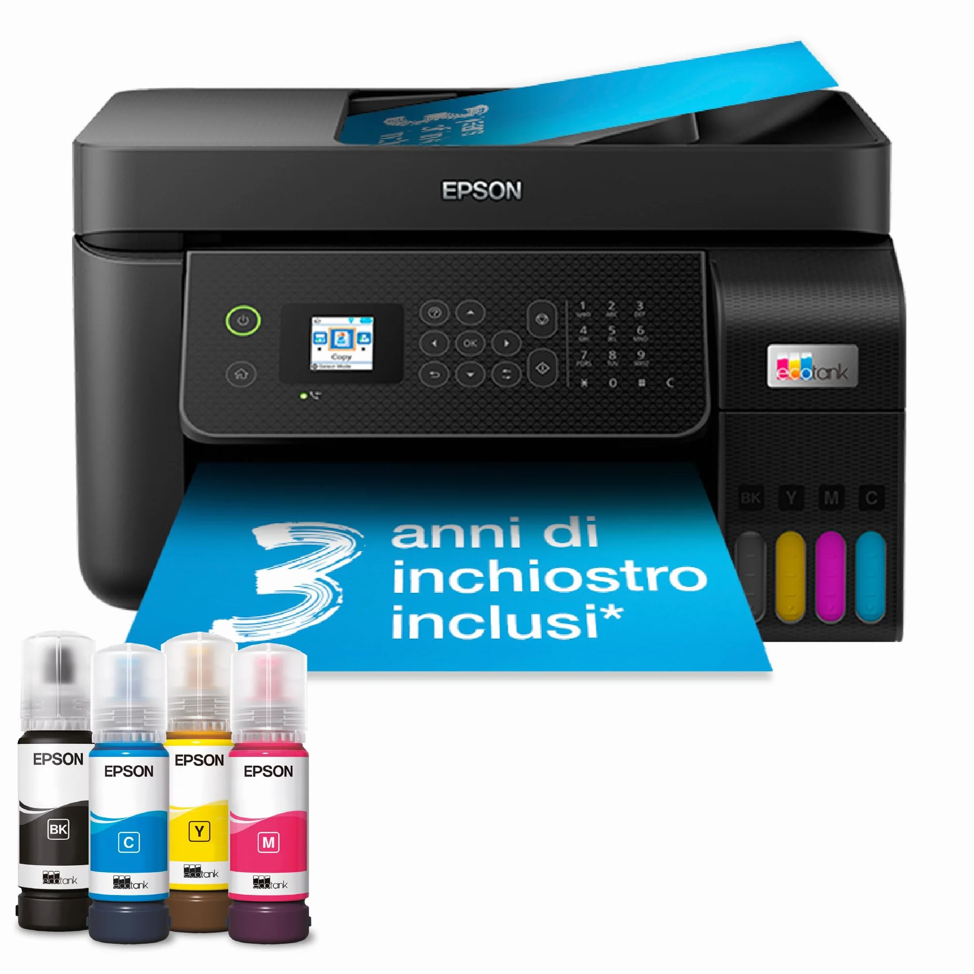 Epson EcoTank ET-4800 Stampante con Serbatoi D'inchiostro A4 Wi-Fi Ethernet Stampa Copia Scansione Fax LCD 3.7 cm ADF 3 Anni Inchiostro Inclusi