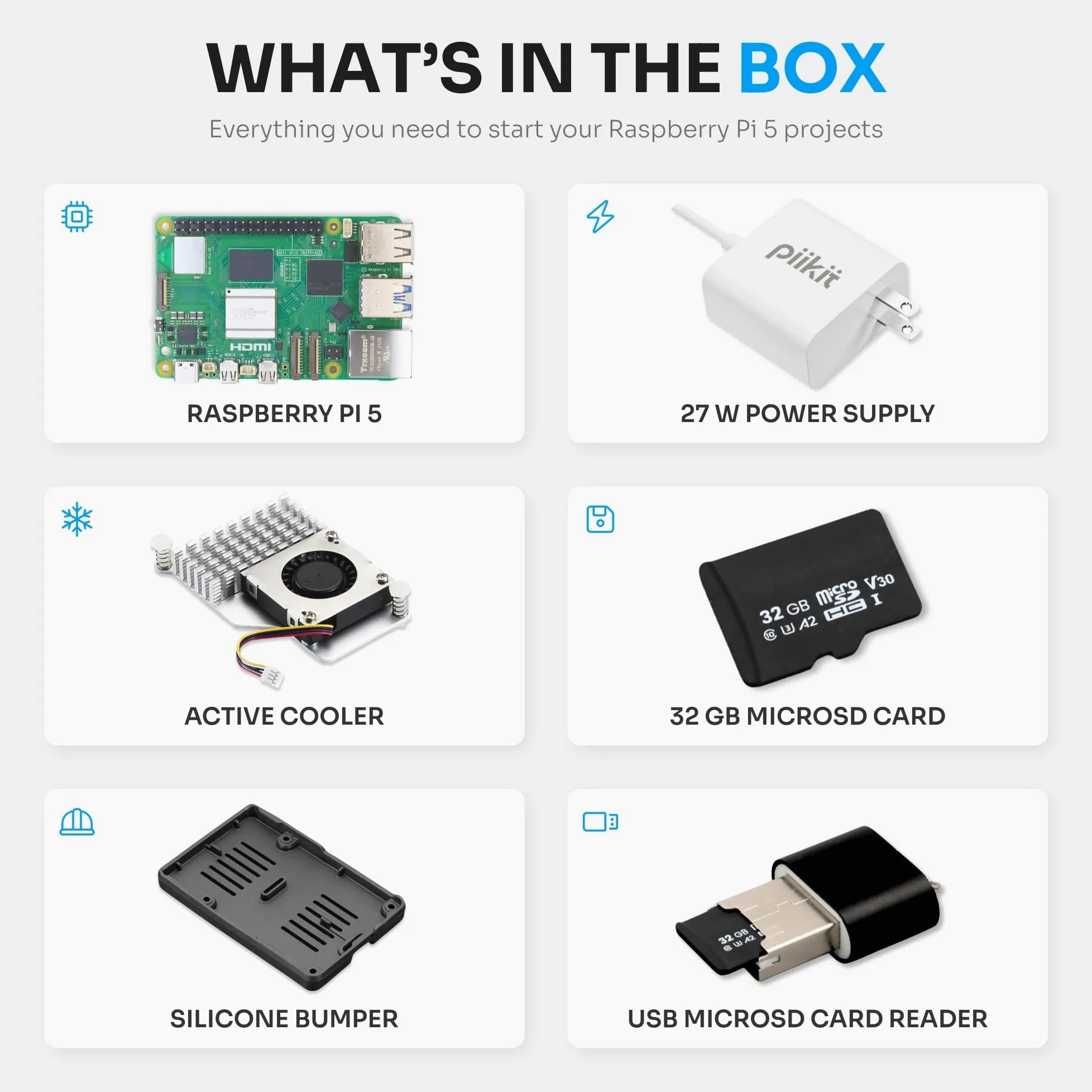 Starter Kit per Raspberry Pi 5 8 GB - Server Edition | Scheda MicroSD da 32 GB | Alimentatore da 27 W | Raffreddatore attivo | Bumper in silicone