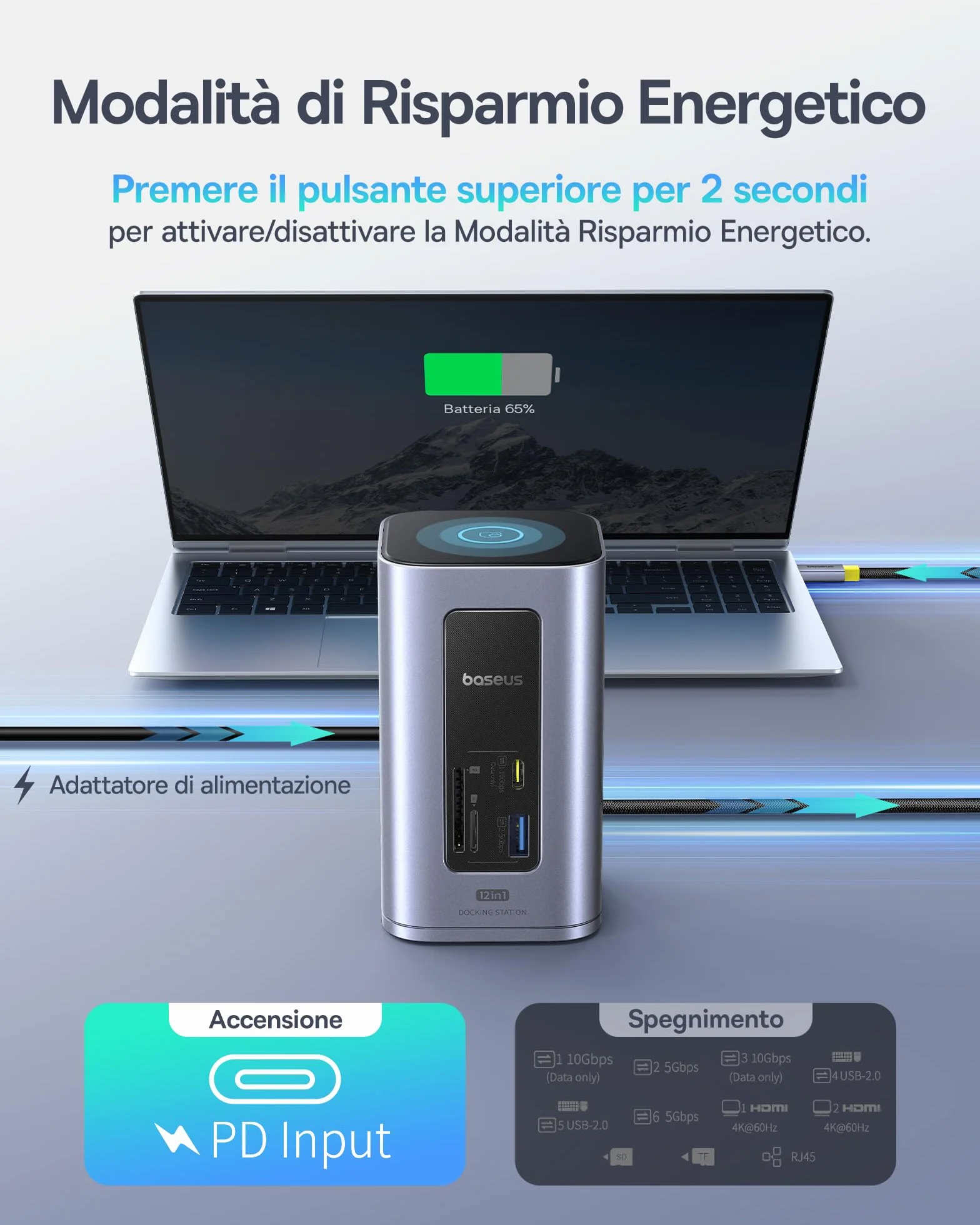 Baseus Nomos Air 12 in 1 Docking Station 2 Monitor per Windows, con 4K HDMI, 10Gbps USB-C/A, SD/TF, 100W PD, Gigabit Ethernet, Compatibile con Laptop HP/Lenovo/Dell/Acer