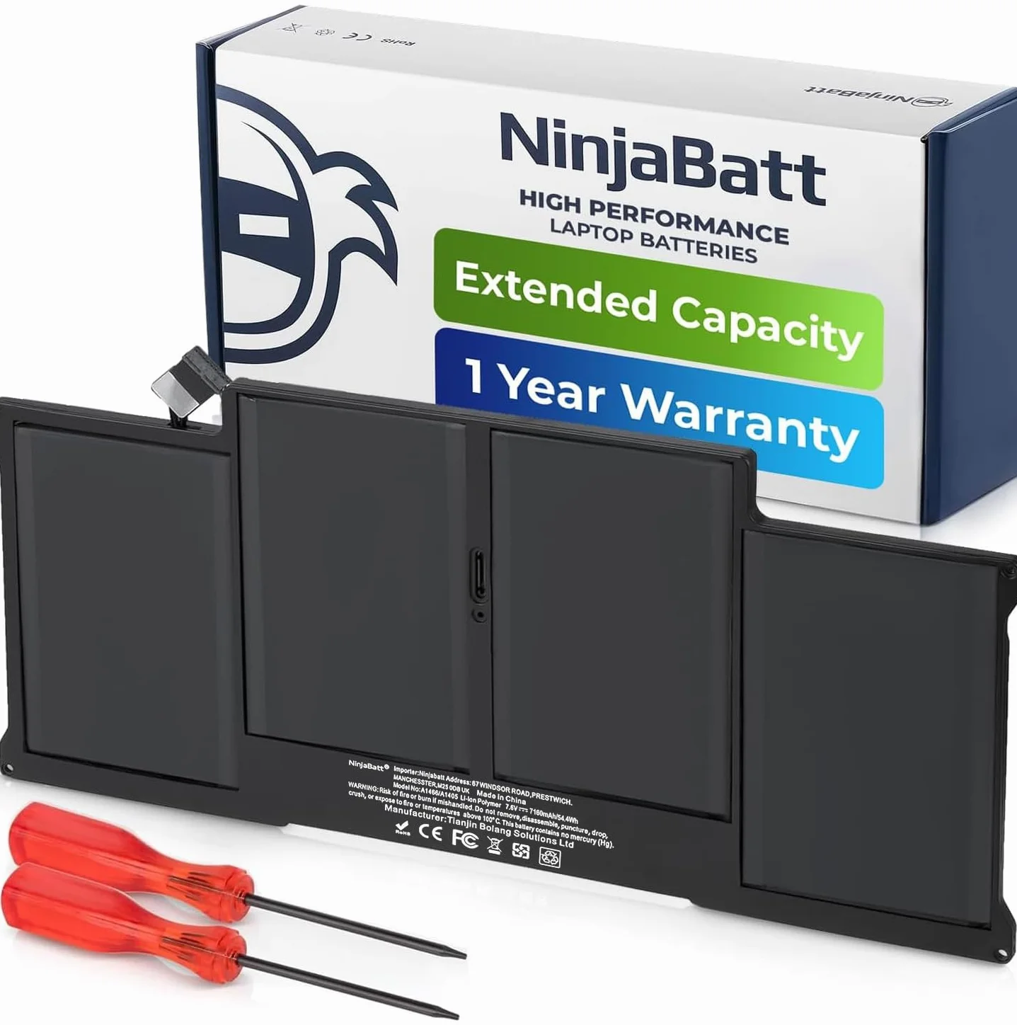 NinjaBatt Batteria A1466 per Apple MacBook Air 13″ (Metà 2012, Metà 2013, Inizio 2014, Inizio 2015, 2017) A1369 (Versione Fine 2010, Metà 2011) A1496 A1405 A1377 [7160mAh/54.4Wh/7.6V]