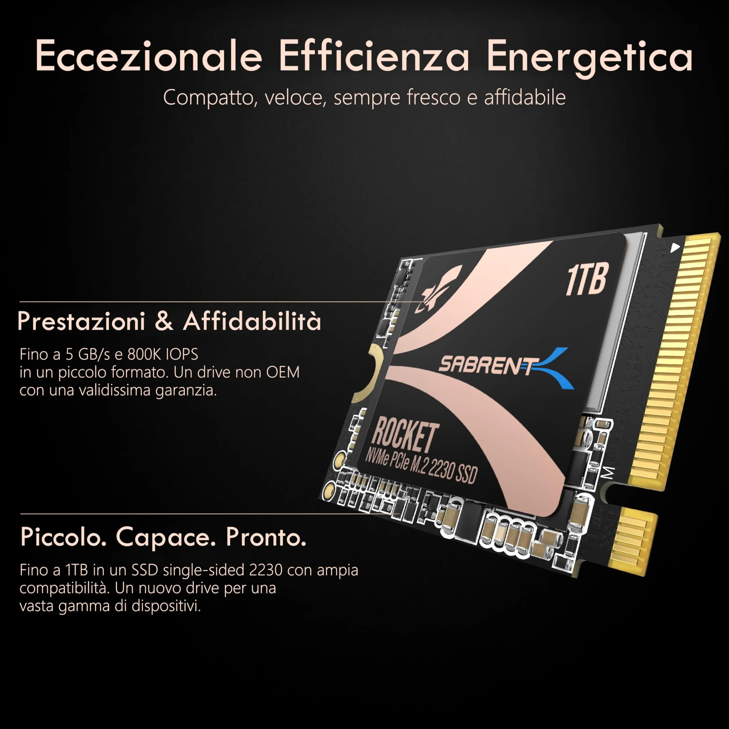 SABRENT SSD 1TB, SSD Interno, SSD NVMe PCIe 4.0 M.2 2230, Gen 4, 4750 MB/s, Compatibile con Steam Deck, ROG Ally, Surface Pro, PC, NUCs e Laptop, fino a 800.000 IOPS, Rocket 2230 (SB-2130-1TB)