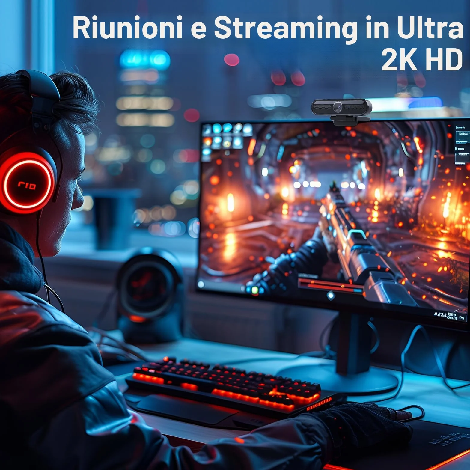 W4DS 2K Webcam, HD Webcam PC con Microfono, Autofocus, 78° View, Plug&Play, Microfono Riduzione Rumore, Protezione della privacy, USB Webcam per Videochiamate, Conferenza, Studio e Streaming