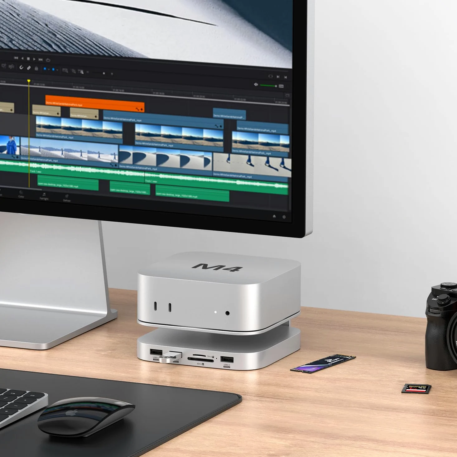 AKKYAJAURE Docking Station per Mac Mini M4/M4 Pro, 10 in 1 Hub e supporto in alluminio con custodia SSD M.2 NVMe,10 Gbps USB-A*2, lettori di schede SD/TF, USB 2.0