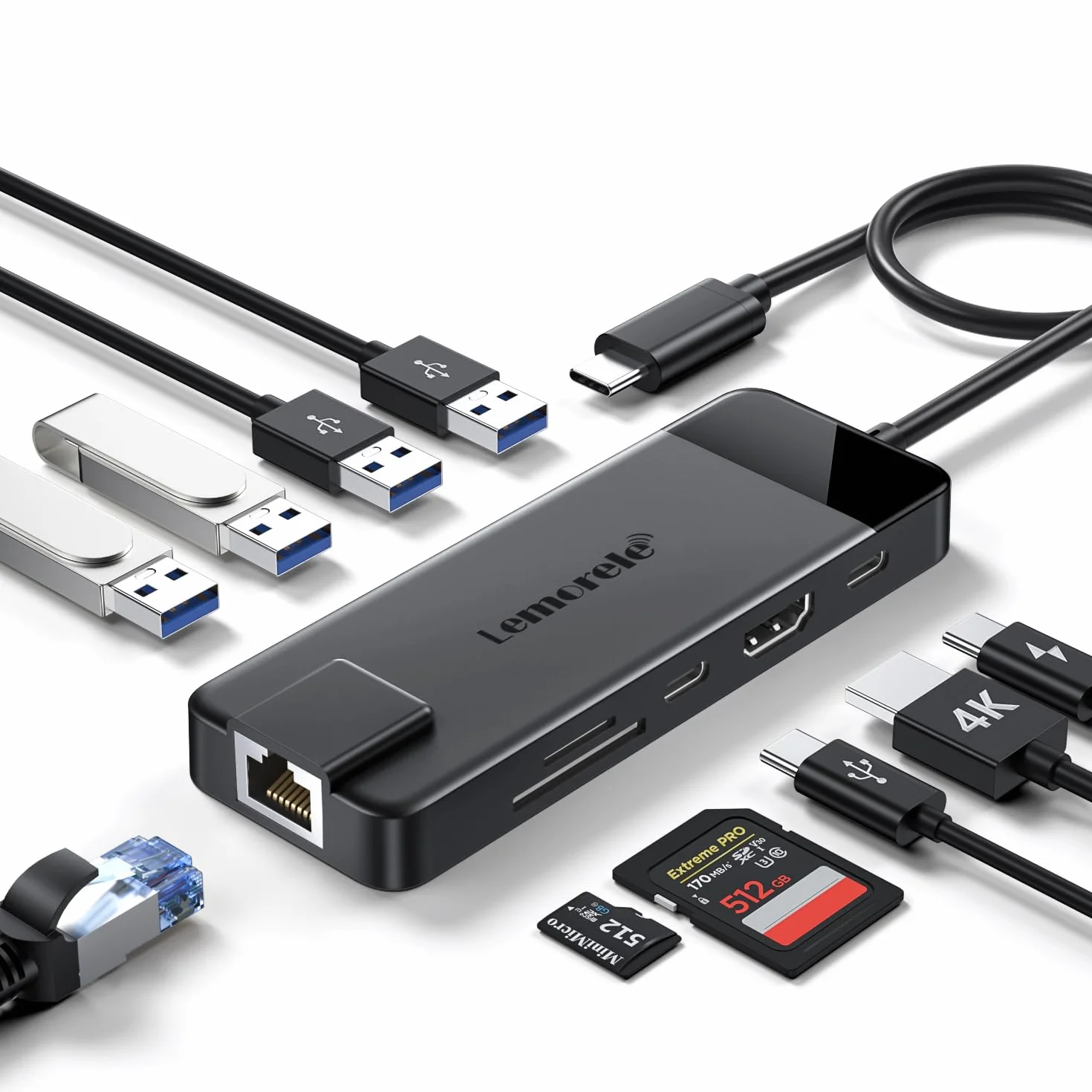 Lemorele Hub USB C Docking Station Ethernet Gigabit, Hdmi 4K, 4*USB-A 3.0/2.0, USB-C 3.0, PD100w, SD TF 10in1 1000M Rj45 Lan Laptop Dock Usbc Hub Multiporta Adattatore per Macbook Air Pro Hp Dell ecc