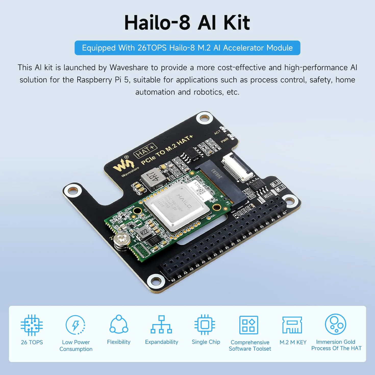 Waveshare Hailo-8 M.2 AI Accelerator Module with PCIe To M.2 Adapter Board for Raspberry Pi 5, Based On The 26TOPS Hailo-8 AI Processor, Compatible with Linux/Windows Systems