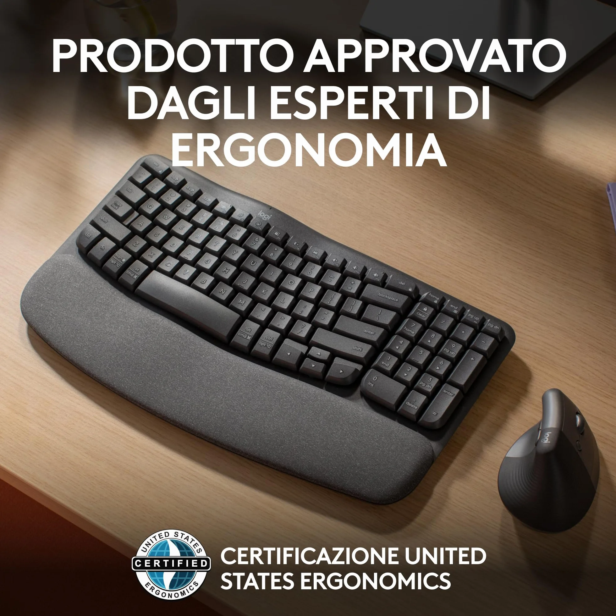 Logitech Wave Keys tastiera wireless ergonomica con supporto per i polsi imbottito, digitazione comoda, Easy-Switch, Bluetooth, Logi Bolt,compatibile con più sistemi operativi, Windows/Mac - Grafite