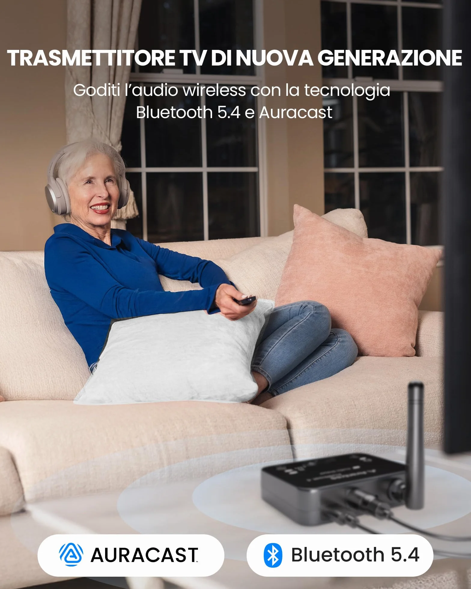 Avantree Audikast 4 – Trasmettitore TV Auracast & Bluetooth 5.4 2-in-1 per Cuffie e Dispositivi Personali Di Ascolto Selezionati, AptX Adaptive & HD, Uscita Ottica & AUX, Compatibile e Aggiornabile