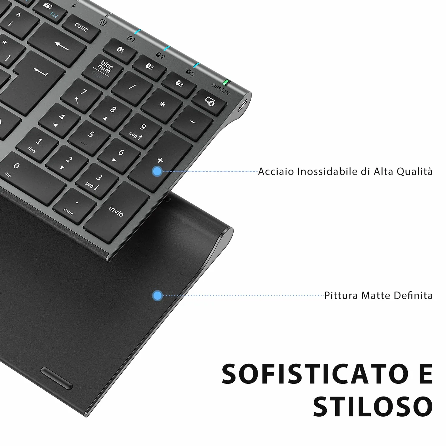 iClever Tastiera Bluetooth 5.1 Multi-Dispositivo Ricaricabile con Tastierino Numerico e Design Ergonomico per Mac OS, Android, Windows