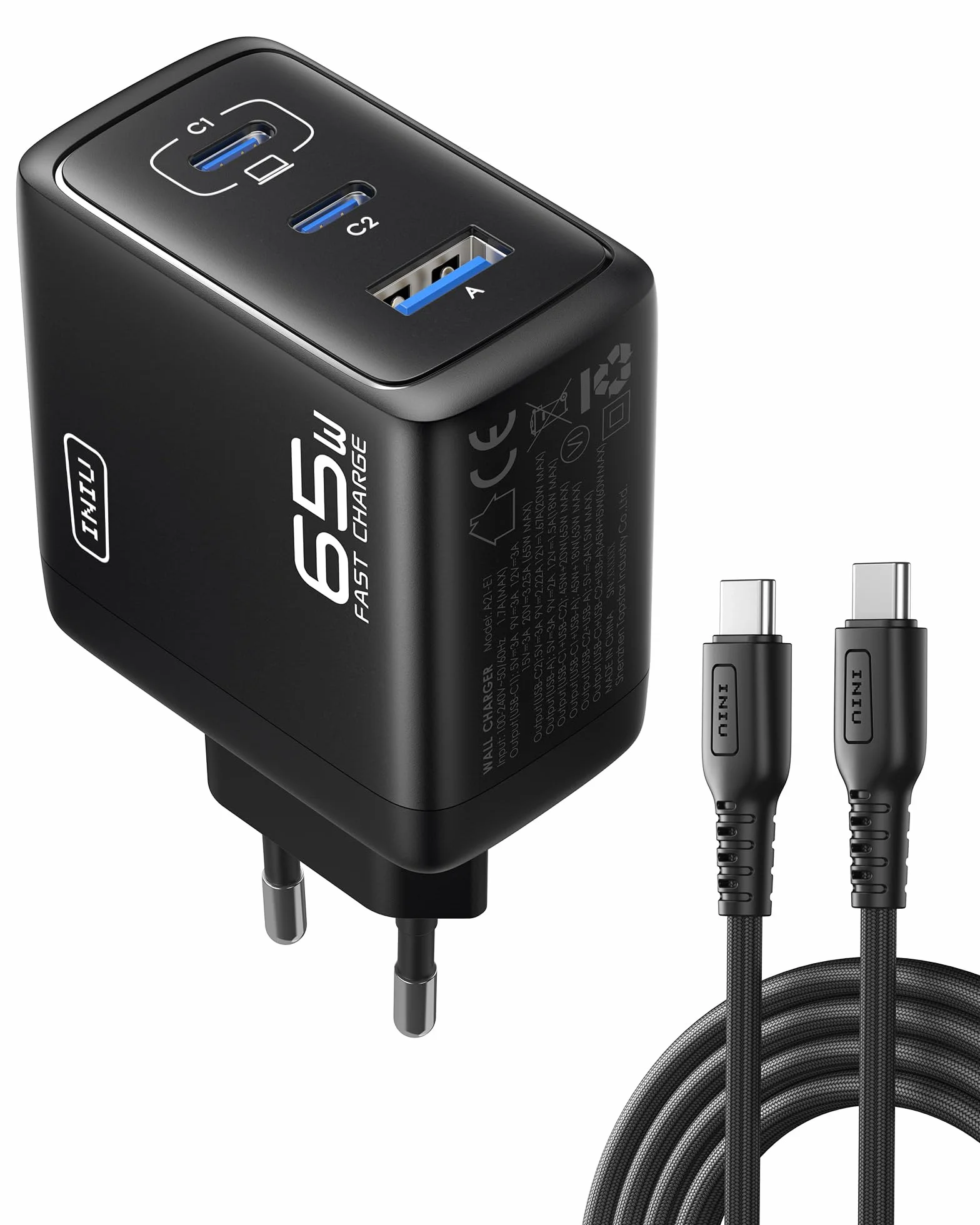 INIU 65W Caricatore USB C, 3-Porte Presa USB Multipla PD & QC per iPhone 16 15 Pro Max, iPad Pro, Samsung S25 S24 S23
