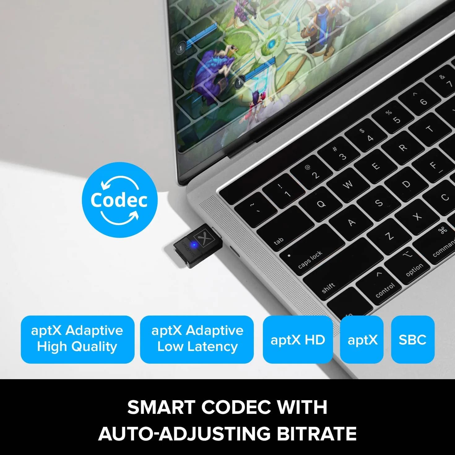 Creative BT-W5 Trasmettitore Audio Smart Bluetooth 5.3 con aptX Adaptive, Audio ad alta risoluzione a 24 bit/96 kHz, funzione di commutazione del dispositivo, funziona con PC/Mac/console di gioco