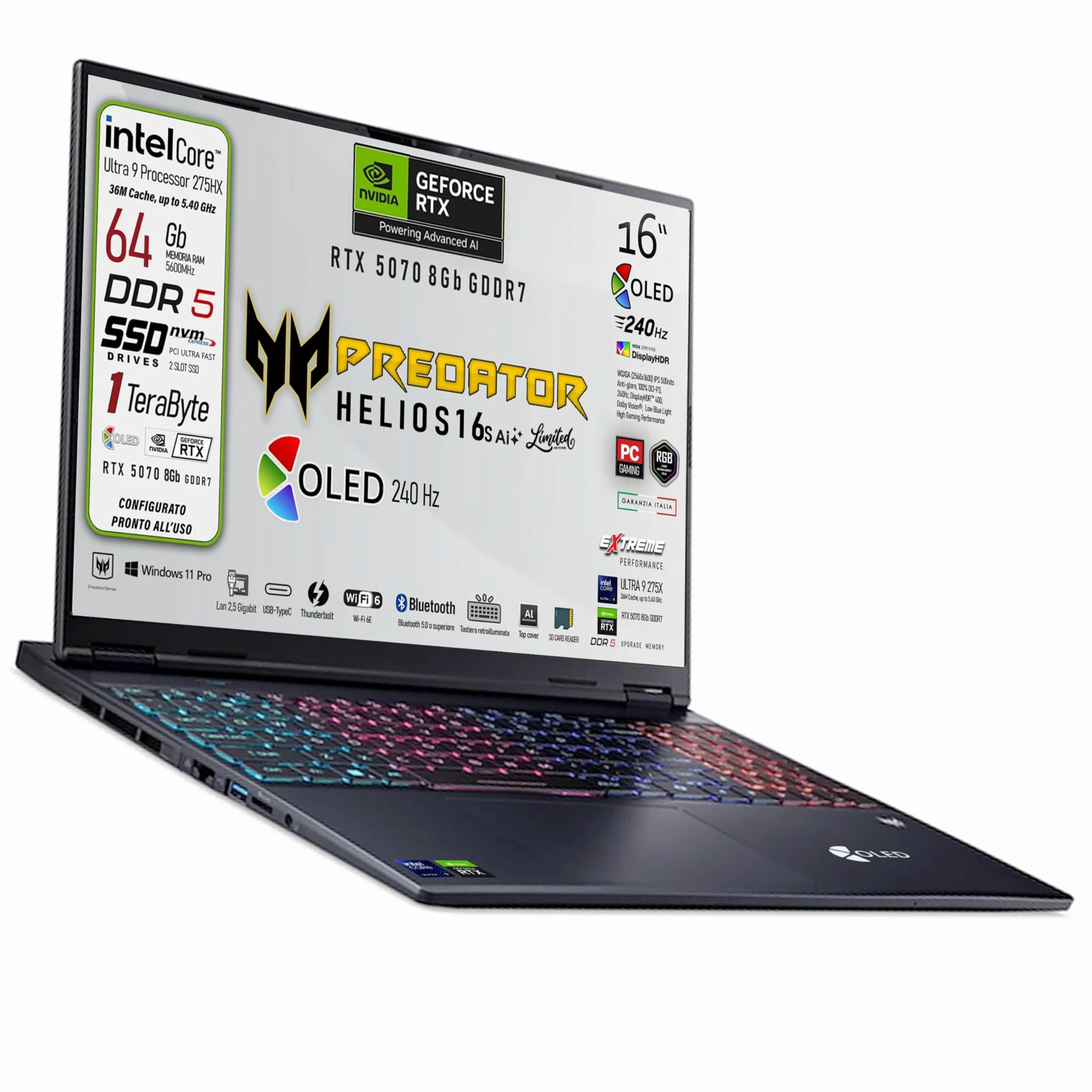 Acer Predator Helios Neo 16s Ai Notebook Gaming limited edition | Intel Ultra 9-275X 24core, RAM DDR5 64GB, SSD 1TB, Display 16" OLED 240Hz DCI-P3 100%, GeForce RTX 5070 8GB, Ready to Use