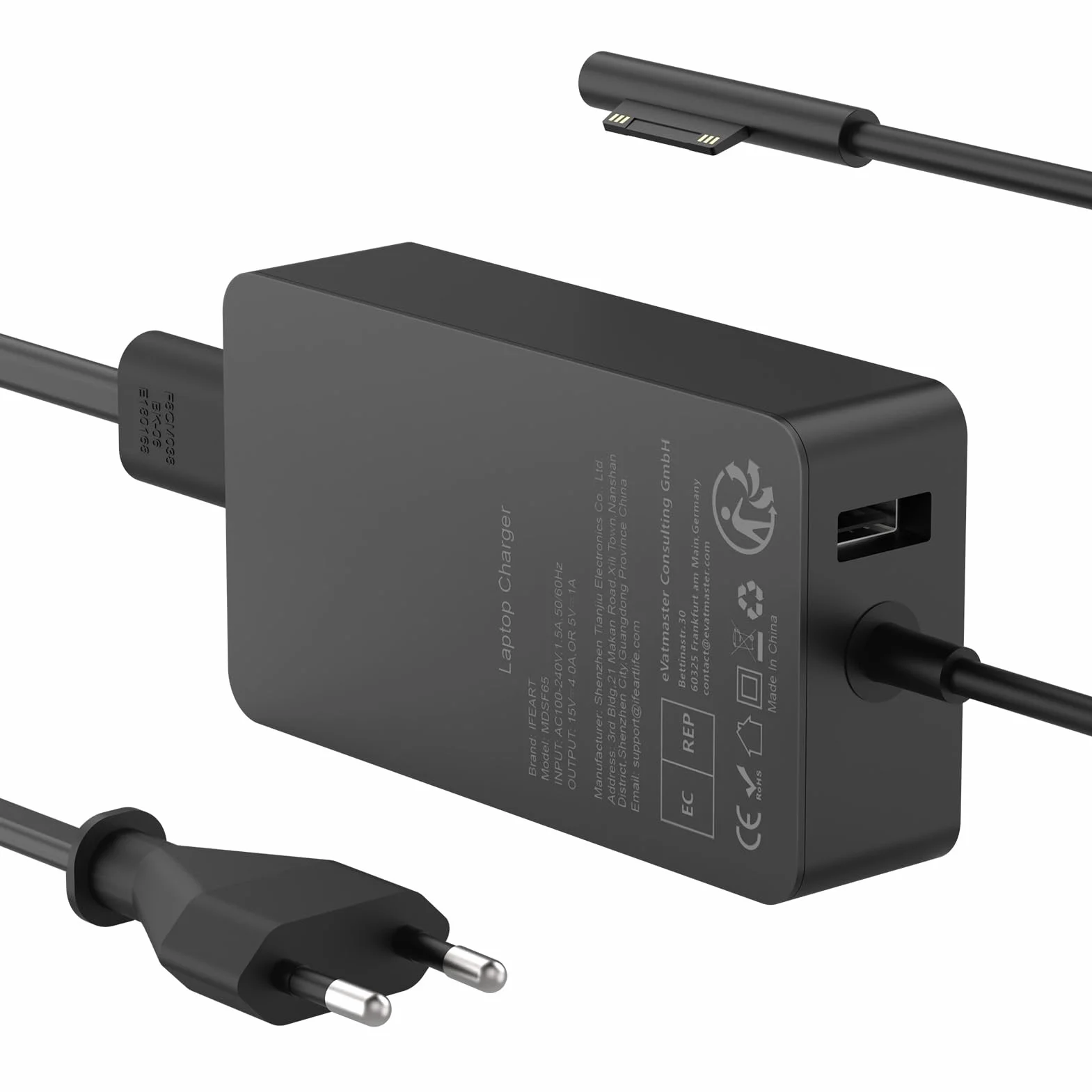 Alimentatore Surface 65W 15V 4A Caricatore per Microsoft Surface Pro 11/10/9/8/7+/7/6/5/4/3/X, Go, Laptop 7/6/5/4/3/2/1, Book, Caricabatterie con Porta USB
