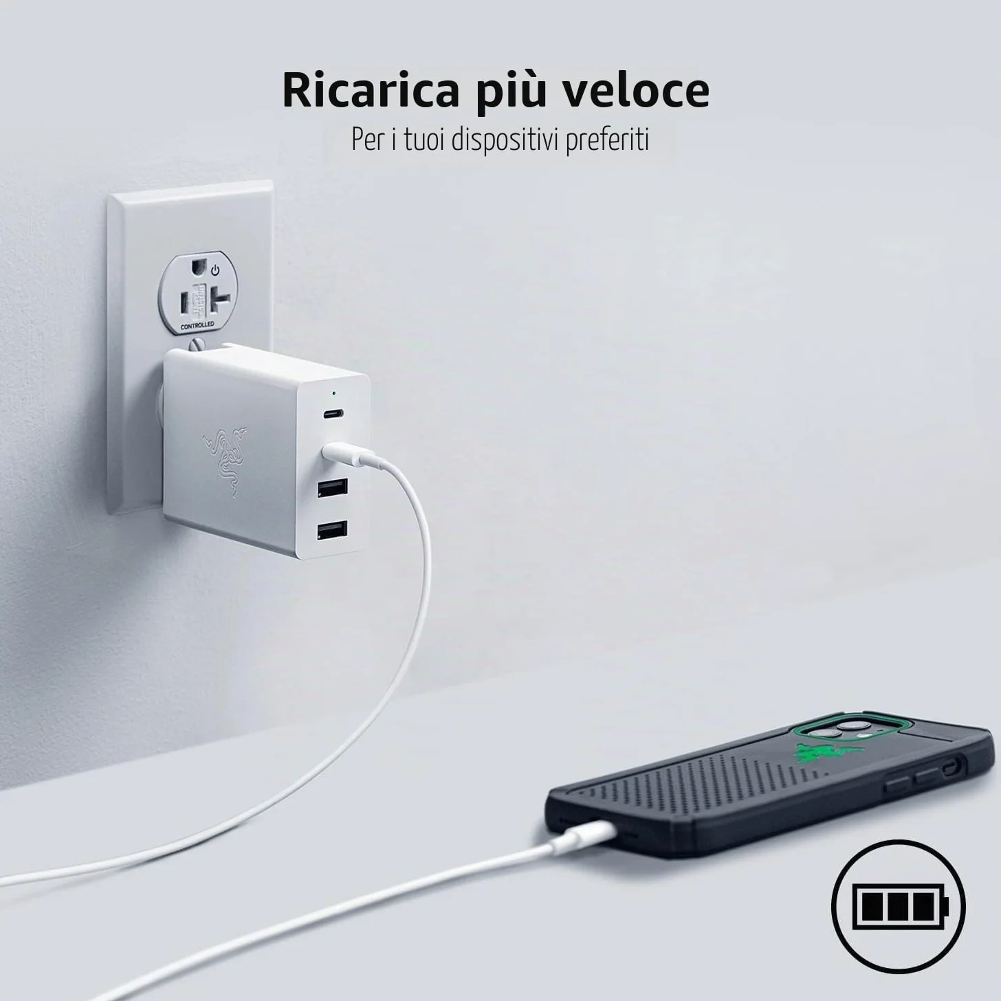 Razer Caricabatterie USB-C GaN - USB-C 130W GaN Charger, Caricatore rapido portatile (2X USB-C, 2X USB-A con porte USA, UE e UK) Bianco