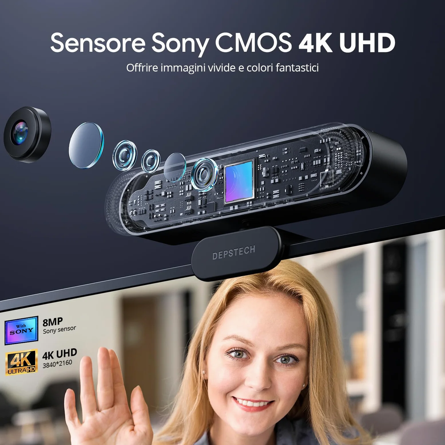 DEPSTECH DW49 PRO, 4K Webcam PC con Microfono, Web Camera e Zoom Ottico 3X, Autofocus, Correzione Automatica Luminosità, Microfono Riduzione Rumore Compatibile con WhatsApp, Facebook, Twitter, PC, Mac