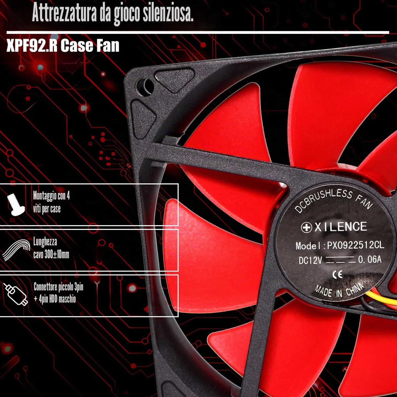 Xilence Ventola per case XPF92.R da 92 mm, 3 pin+4 pin, rosso/nero