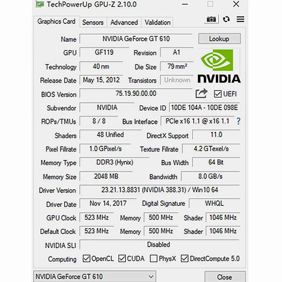 Geforce GT 610 Scheda Video, 2GB DDR3 64-bit, VGA HDMI, Low Profile Scheda Grafica, PCI Express x16, DirectX 11