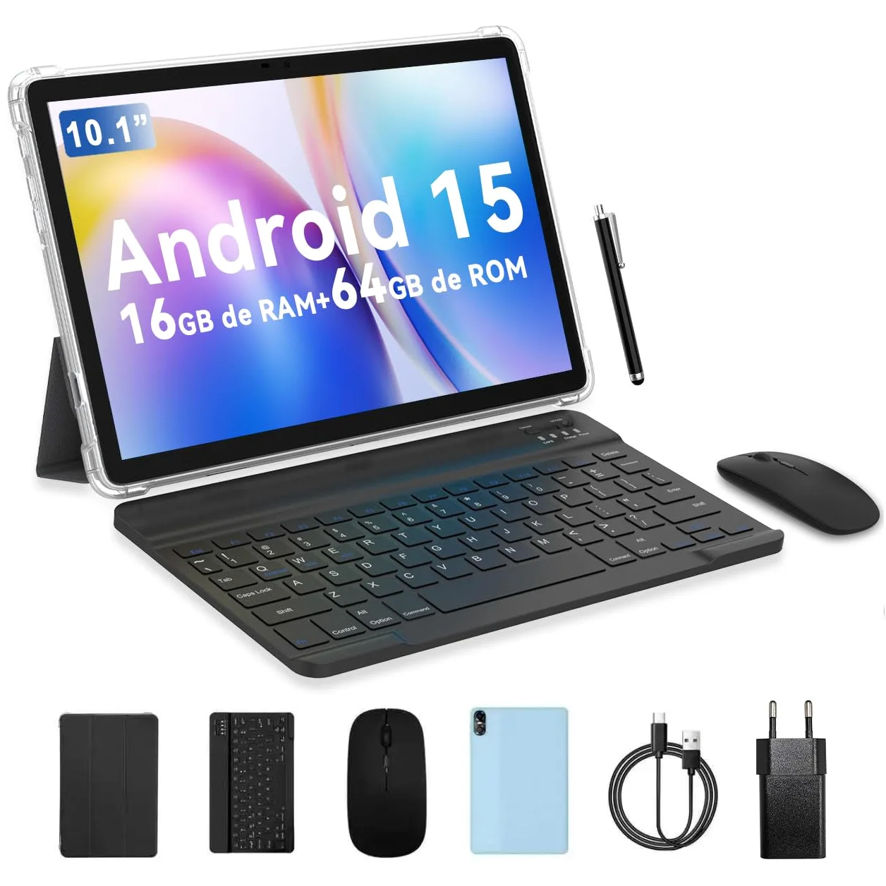 PRITOM Tablet da 10 Pollici, Tablet 6-in-1, 16 GB, 64 GB ROM, Android 15, Espandibile fino a 1024 GB, Quad Core, WiFi 6, 6000 mAh, Tablet PC con Tastiera, Mouse, Custodia, Grigio