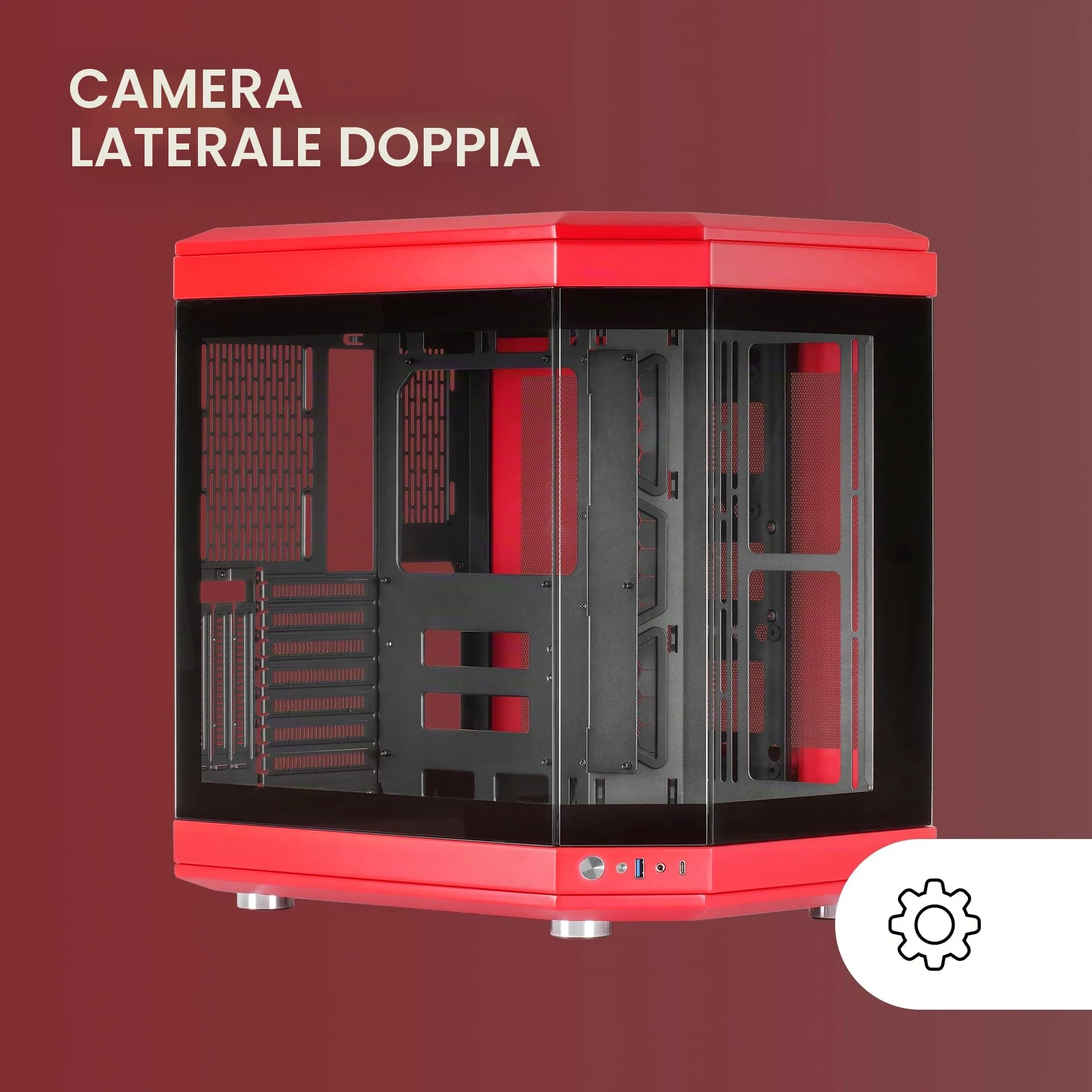 Mars Gaming MC-3T, Case Gaming Custom ATX, Vetro Temperato Continuo Tripla Finestra, Supporto Raffreddamento Liquido Completo, Doppia Camera Laterale, 3x Slot PCI Verticali, USB-C e USB 3.0, Rosso