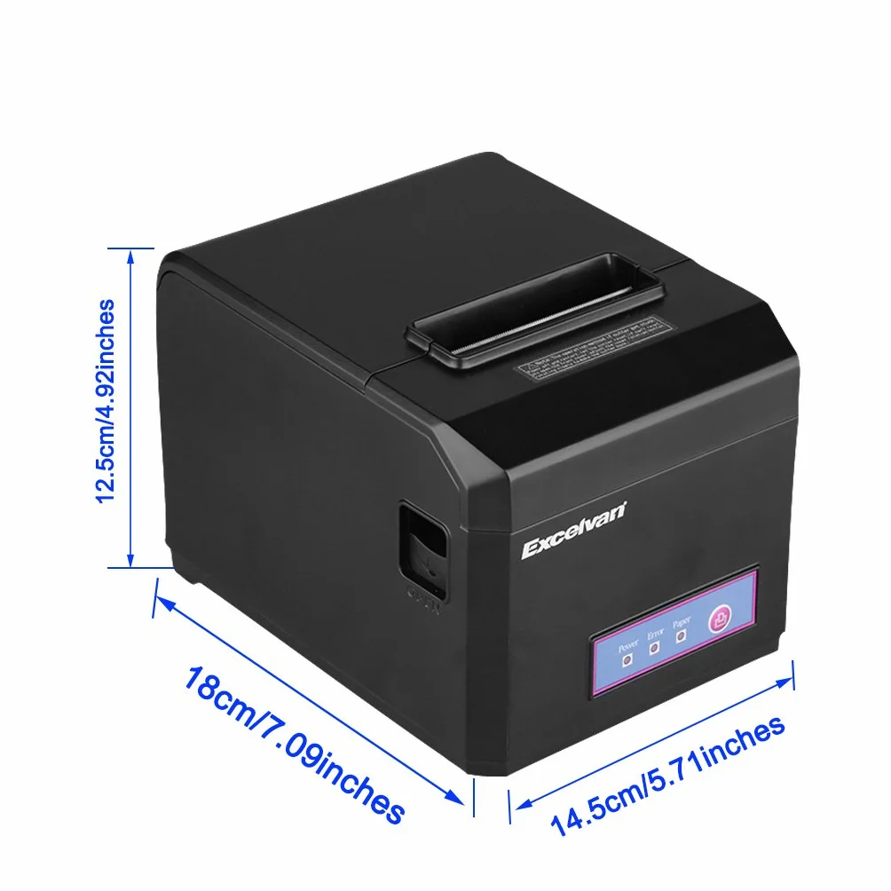 EXCELVAN - Stampante termica per ricevute 300 mm/s 80 mm, taglio automatico USB COM, Internet (100M), Ethernet, porta seriale Android e iOS, Windows e Linux, supporto nero