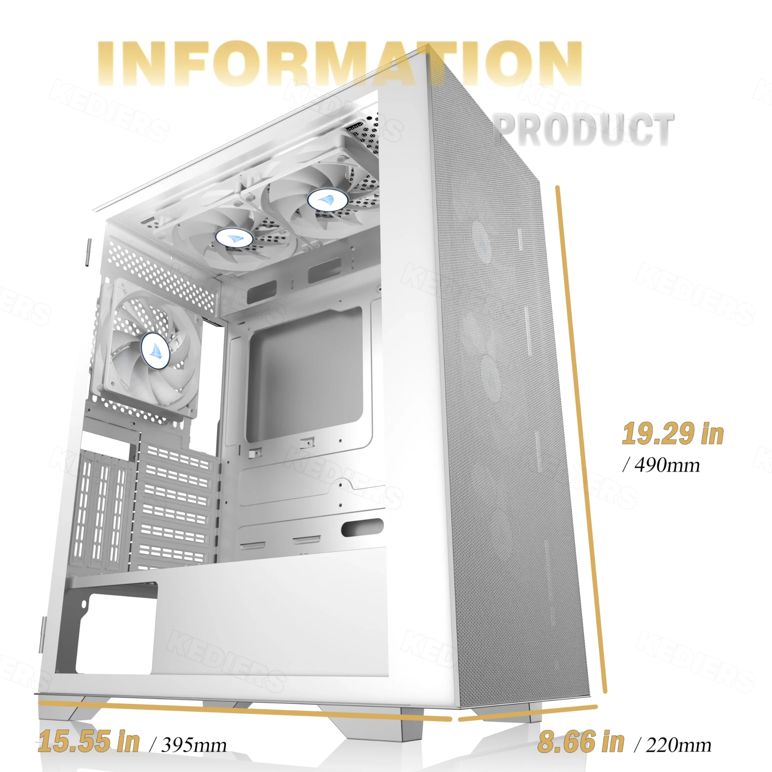 KEDIERS Case PC - 6 ventole PWM preinstallate, custodia da gioco ATX Mid Tower Case per computer a rete con aperture laterali in vetro temperato, G300, bianco