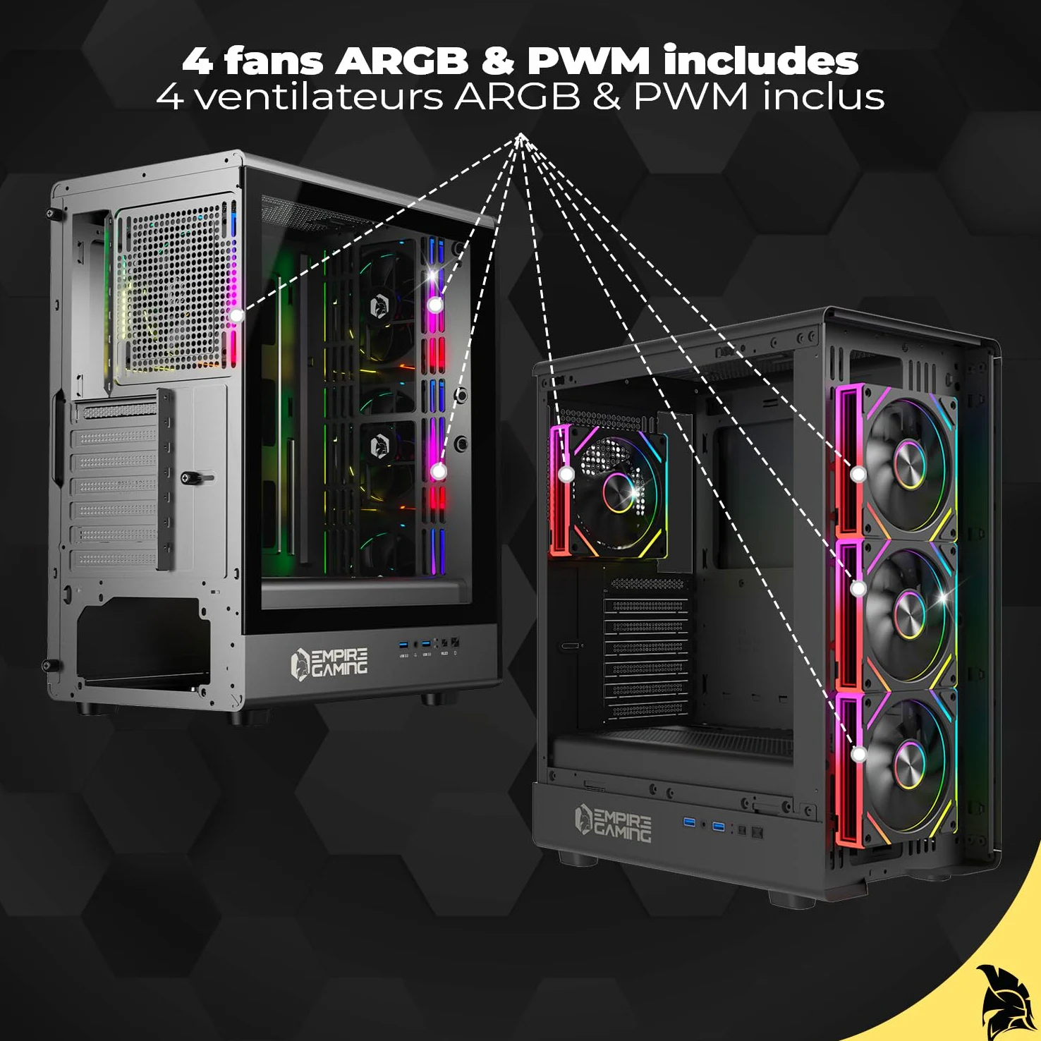 EMPIRE GAMING EC256 - Case PC Gaming Mid Tower ATX/mATX/ITX, frontale Airflow, 4 Ventole ARGB 120 mm Preinstallate + HUB PWM, Vetro Temperato, GPU 325 mm, Watercooling 240 mm, 2xUSB 3.0