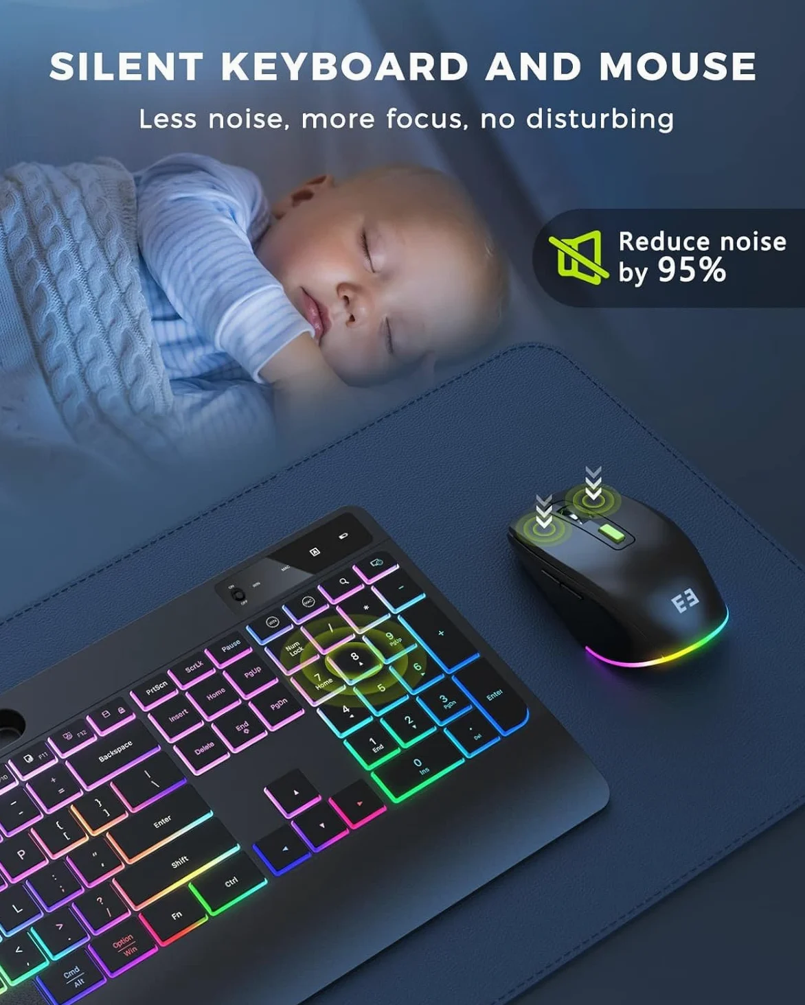 seenda Tastiera wireless 2.4G e mouse Combo con retroilluminazione arcobaleno, tastiera ricaricabile e mouse set UK layout full size con 2 in 1 USB C e USB A Dongle e Wirst Rest, nero