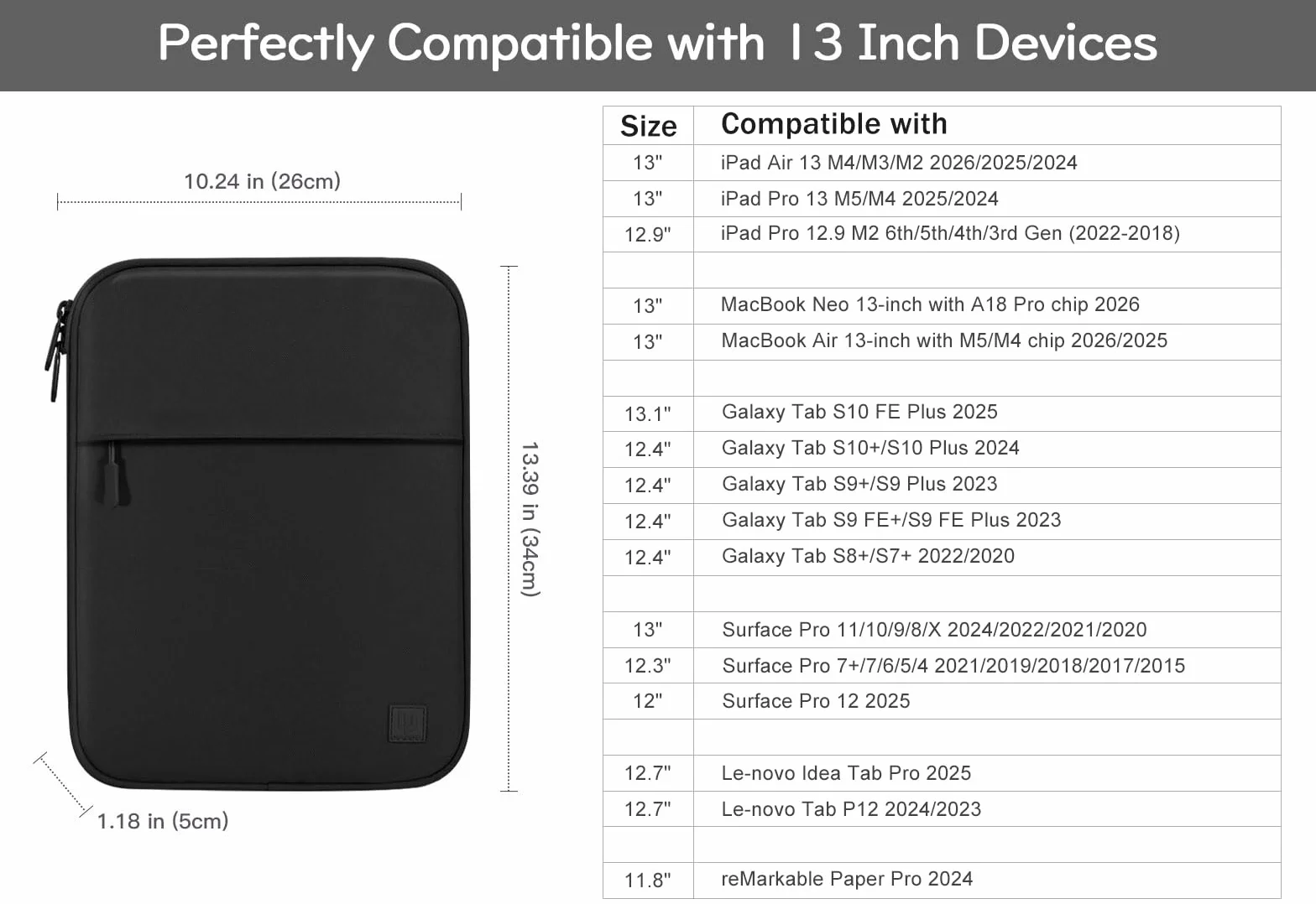 Dadanism 13 Pollici Tablet Custodia Borsa Portatile per iPad Pro 13" M5/M4, iPad Air 13" M4/M3, iPad Pro 12,9", MacBook Neo/Air M5 M4 13", Galaxy Tab S10 FE Plus 13,1"/Tab S10+ Plus 12,4", Nero
