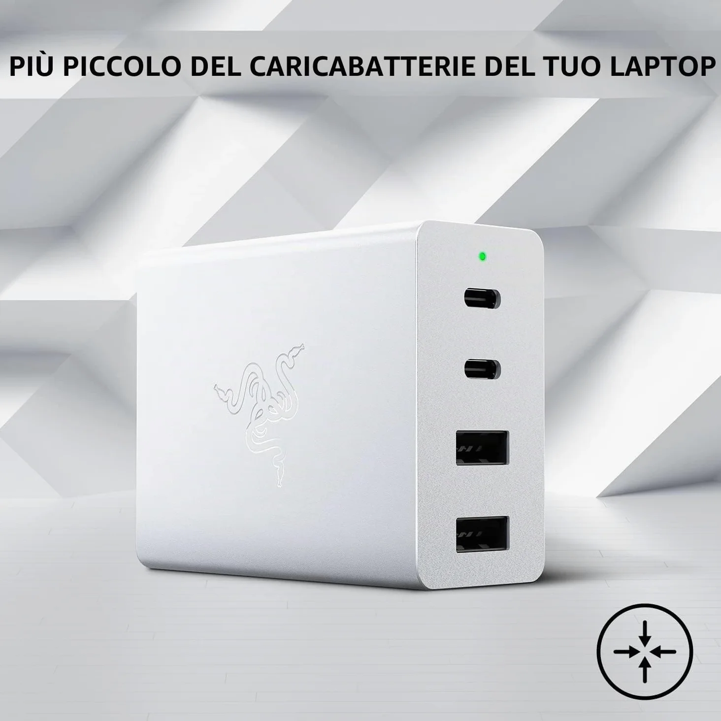 Razer Caricabatterie USB-C GaN - USB-C 130W GaN Charger, Caricatore rapido portatile (2X USB-C, 2X USB-A con porte USA, UE e UK) Bianco