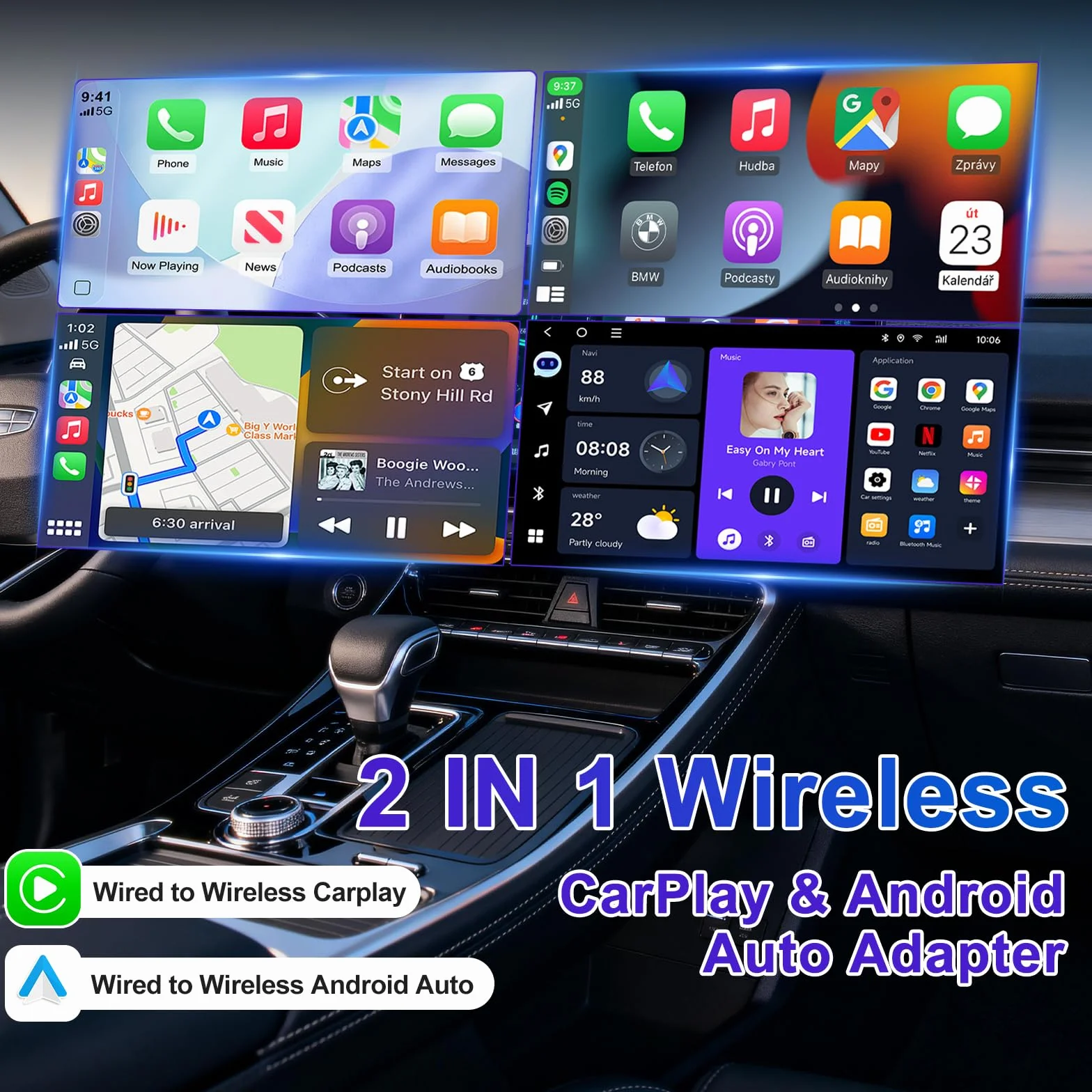 Mineup Adapter Wireless Android CarPlay, 2 in 1 Chiavetta per Convertire Cablato in Wireless, Supporta iOS 10+ e Android 11+